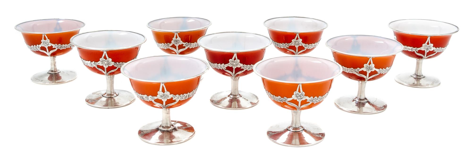 A Collection of Nine Silver Overlay Glass Coupes Height 3 inches.