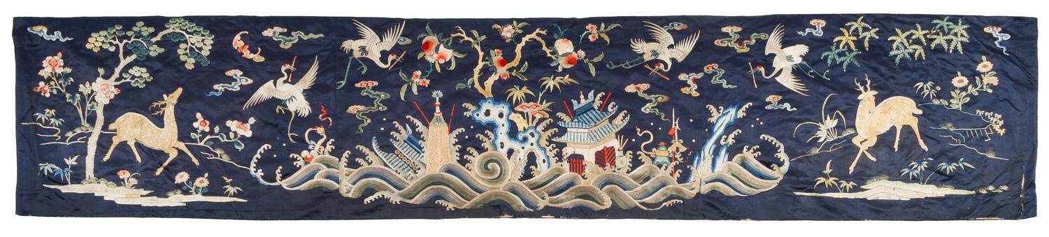 An Embroidered Silk Panel LIKELY 19TH CENTURY Height 19 3/4 inches x 101 3/4 inches. — LIKELY 19TH CENTURY