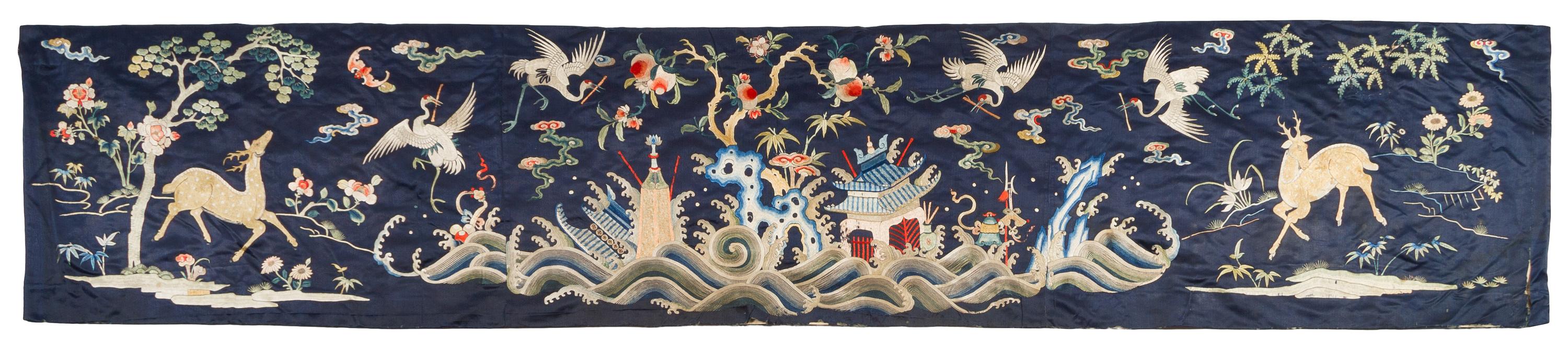 An Embroidered Silk Panel LIKELY 19TH CENTURY Height 19 3/4 inches x 101 3/4 inches. — LIKELY 19TH CENTURY