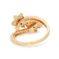 RUBY, EMERALD, AND DIAMOND FLOWER BYPASS RING