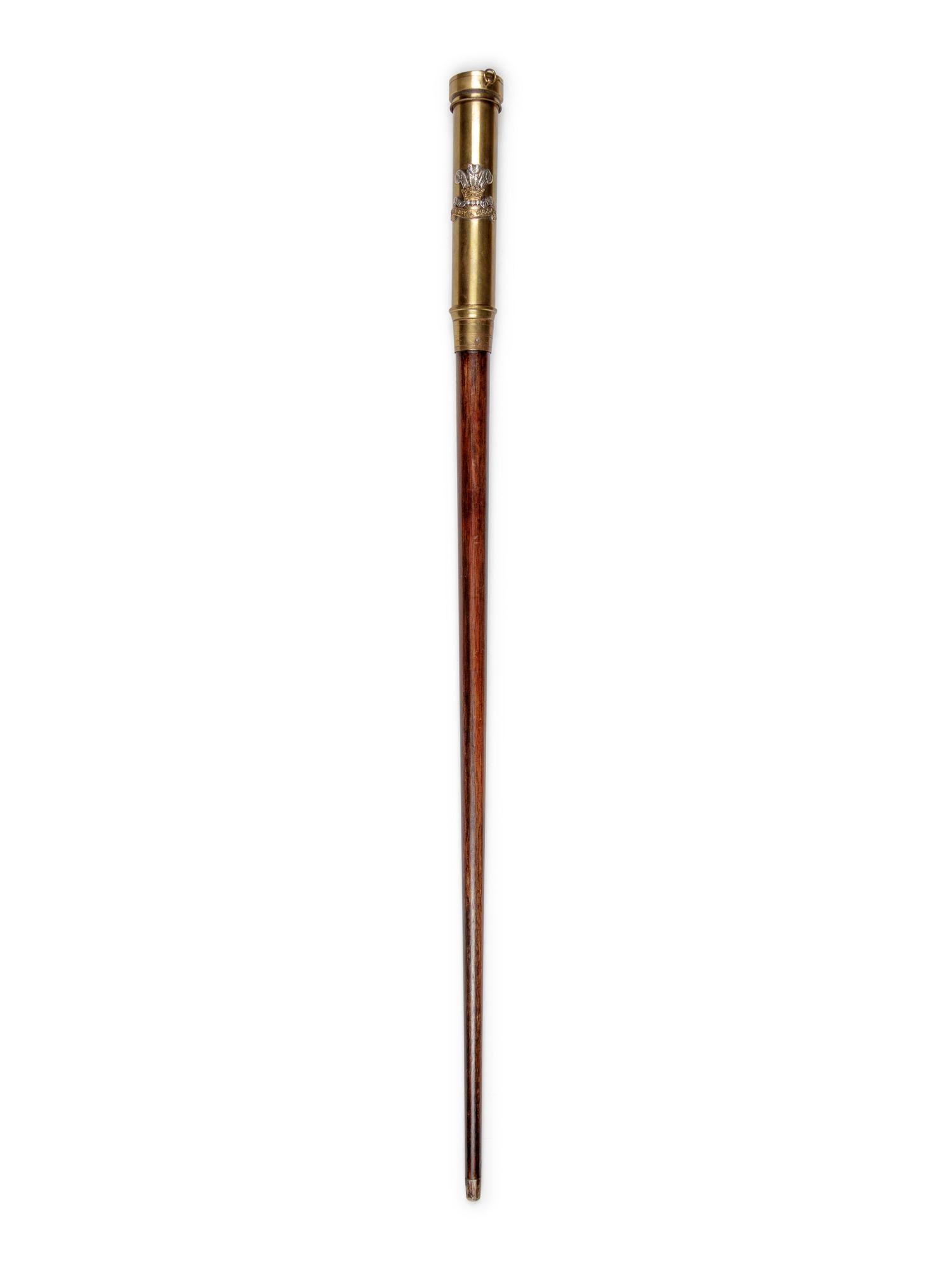 A British Silvered Metal Mounted Brass 'Royal Hussars' Explorer's Walking Stick