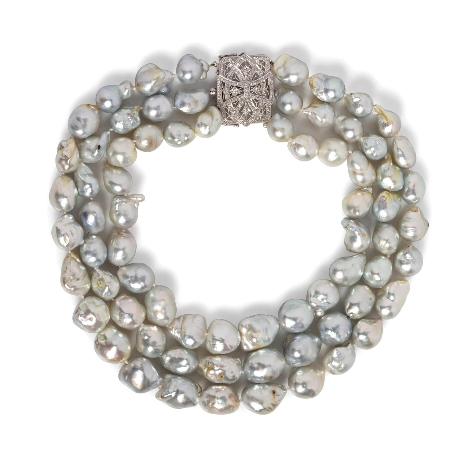 An 18 Karat White Gold, Cultured Baroque Pearl and Diamond Necklace,