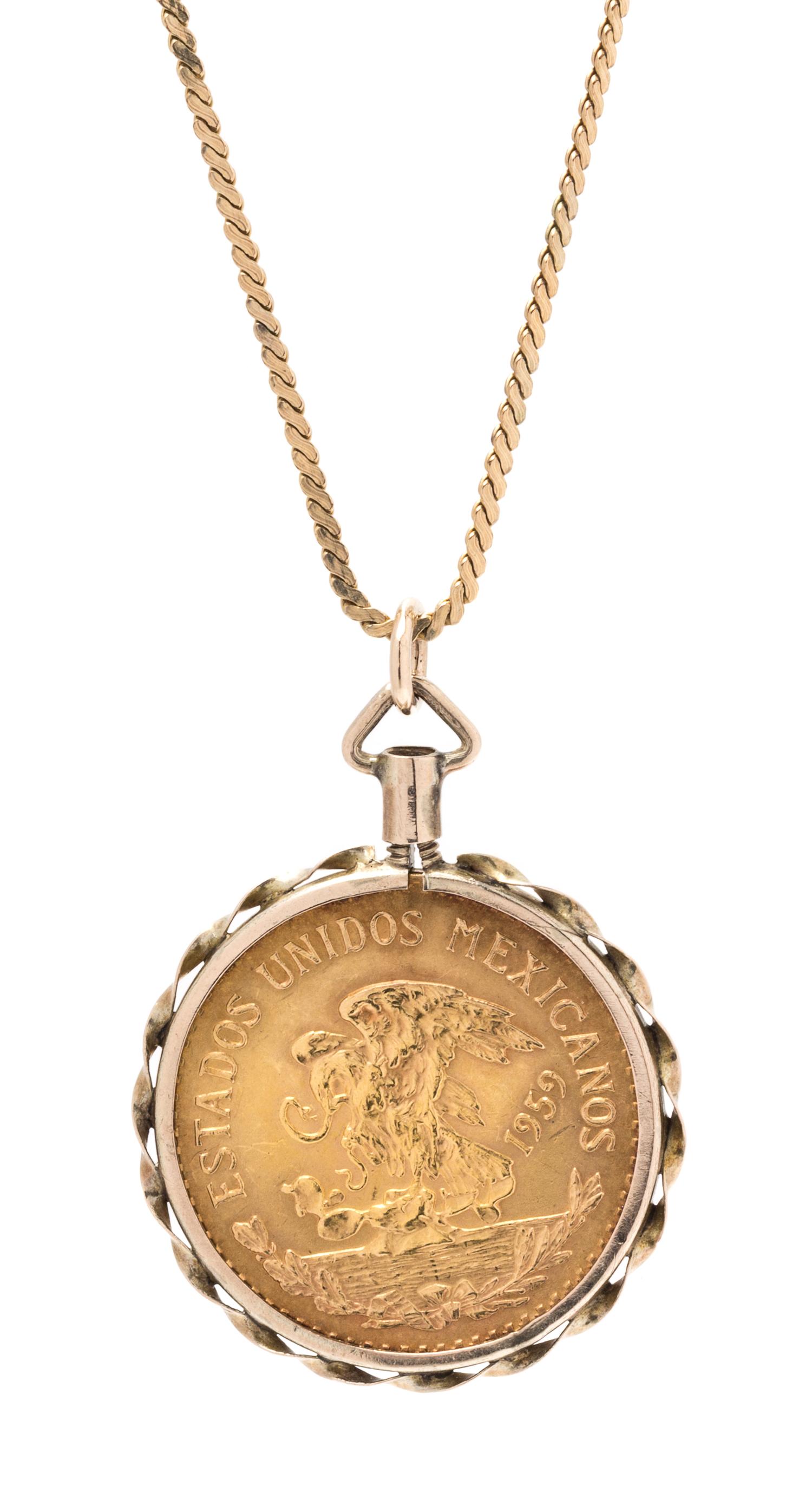 A Yellow Gold and Mexico 20 Peso Coin Pendant, 15.60 dwts.