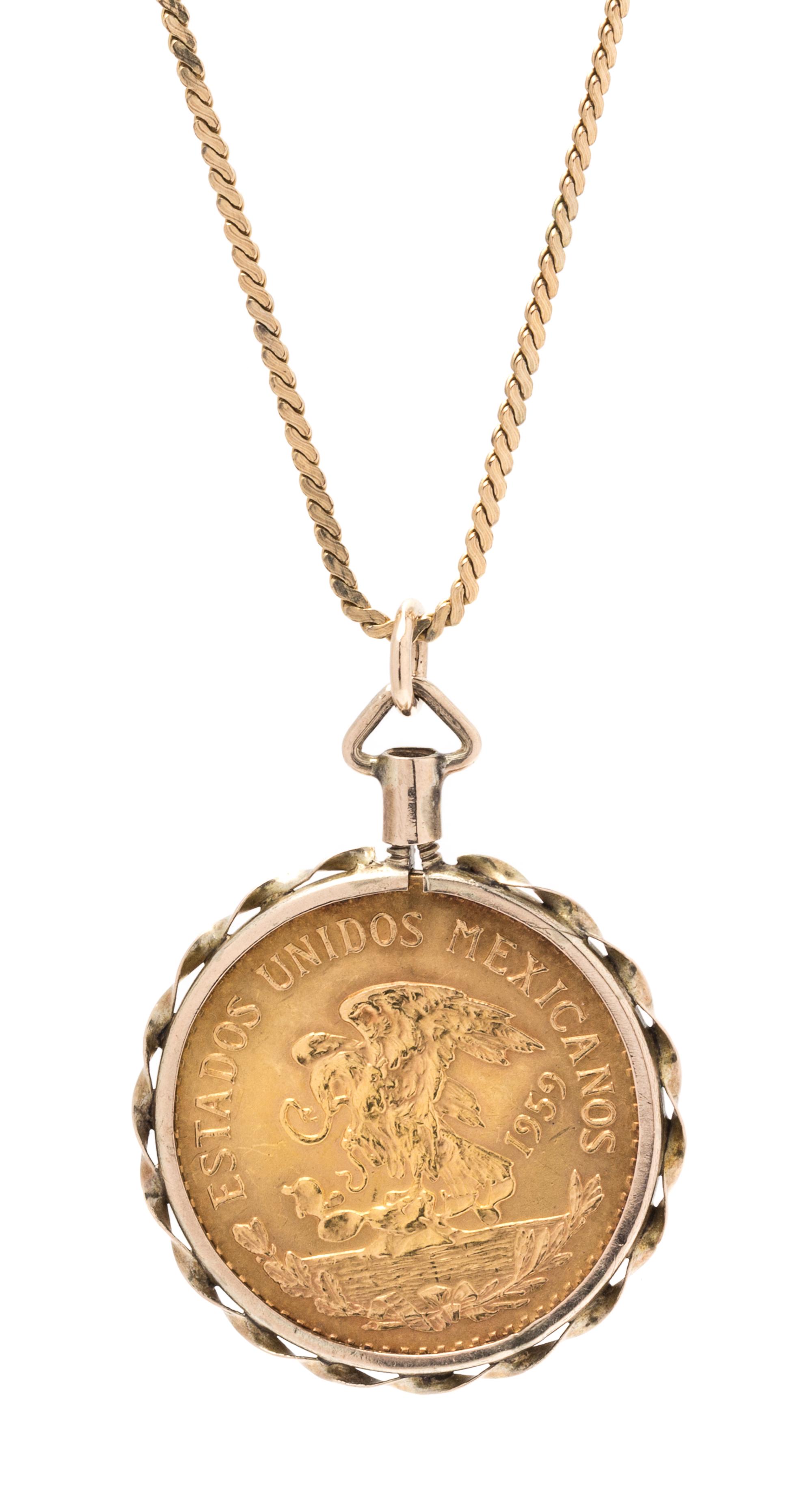 A Yellow Gold and Mexico 20 Peso Coin Pendant, 15.60 dwts.