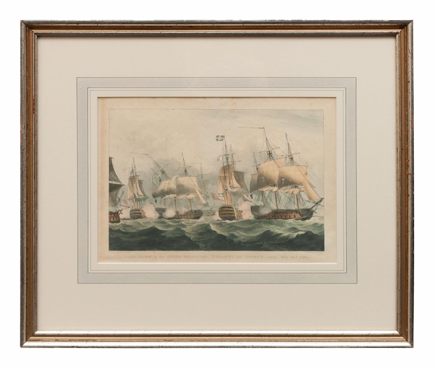Three Nautical Color Engravings: Lord Howe in the Queen Charlotte, Bombardment of Algiers and Capture & Destruction of Four Spanish Frigates
