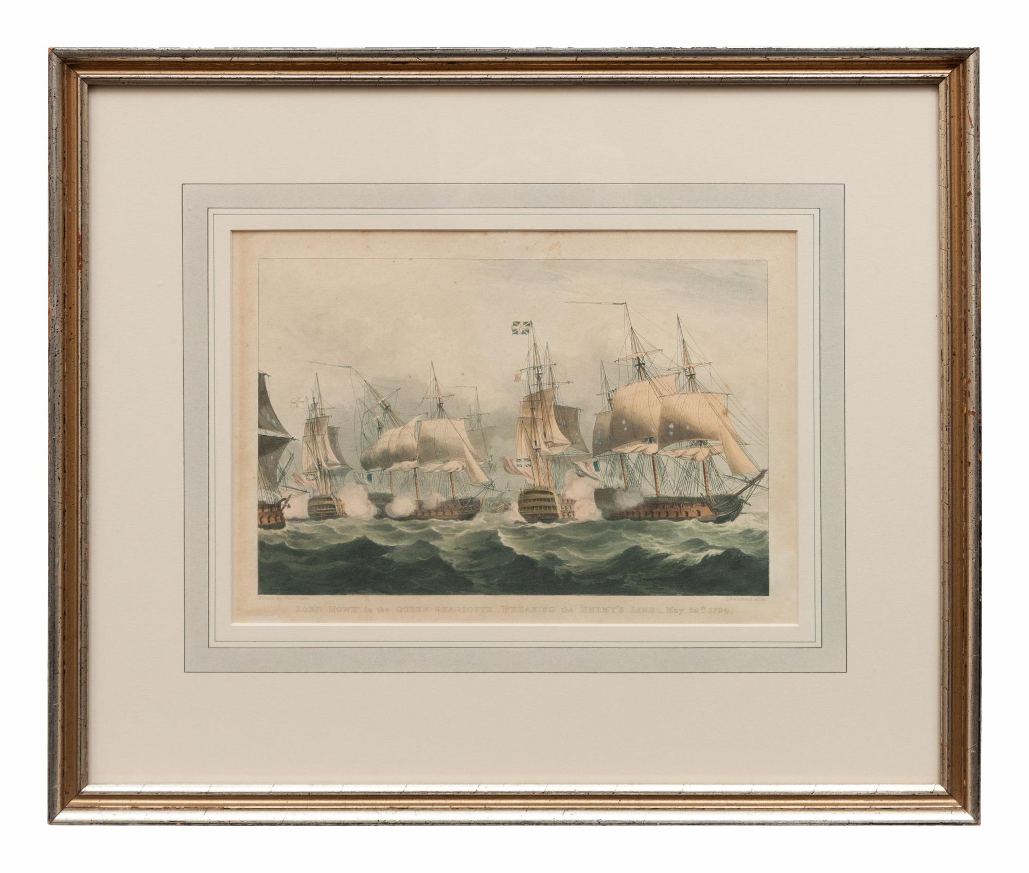 Three Nautical Color Engravings: Lord Howe in the Queen Charlotte, Bombardment of Algiers and Capture & Destruction of Four Spanish Frigates
