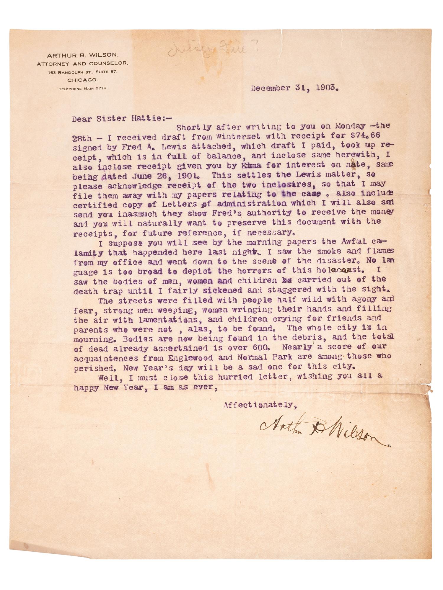 [CHICAGO - IROQUOIS THEATER FIRE]. Eyewitness letter written in the aftermath of the Iroquois Theater Fire.