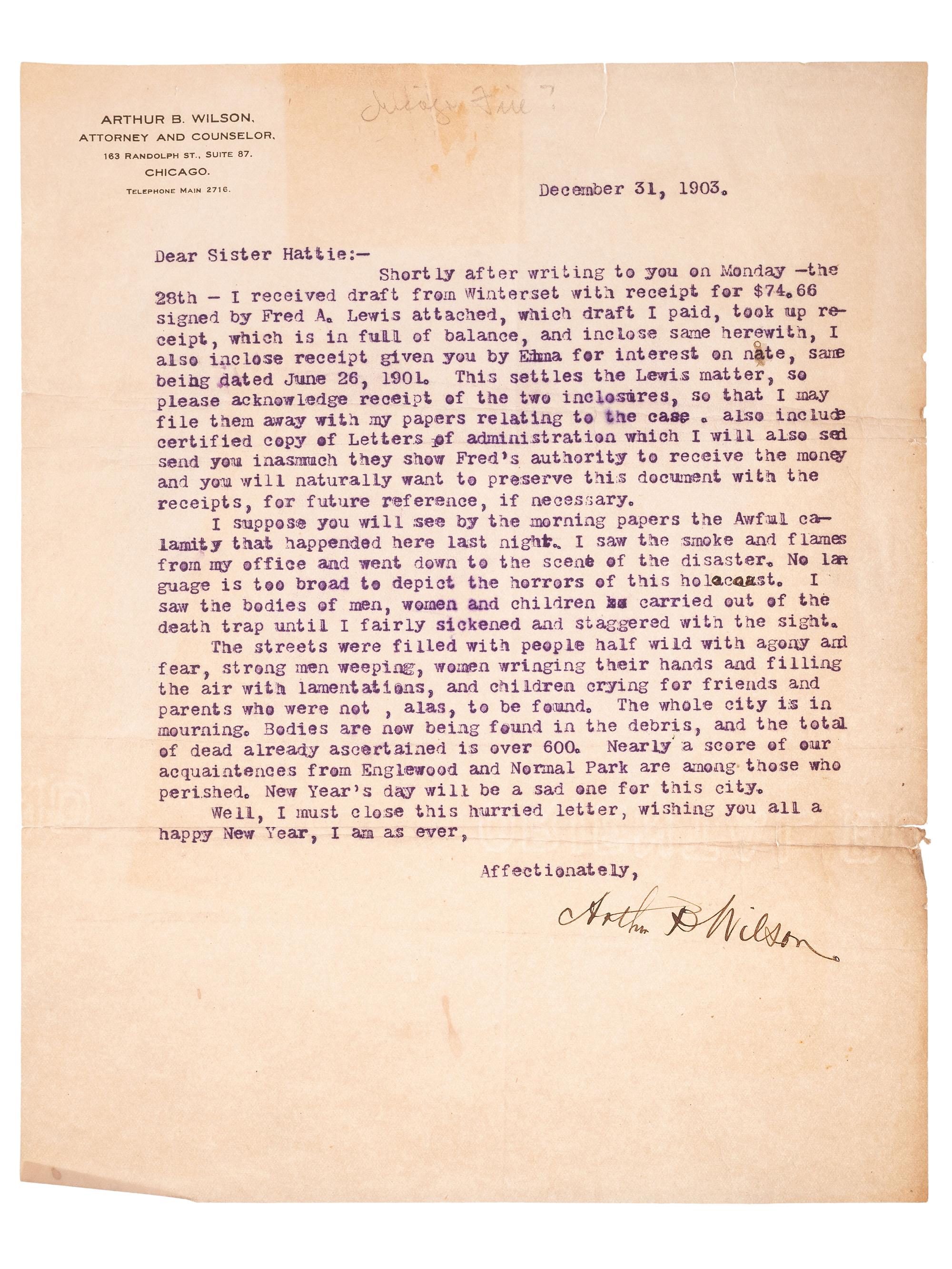 [CHICAGO - IROQUOIS THEATER FIRE]. Eyewitness letter written in the aftermath of the Iroquois Theater Fire.