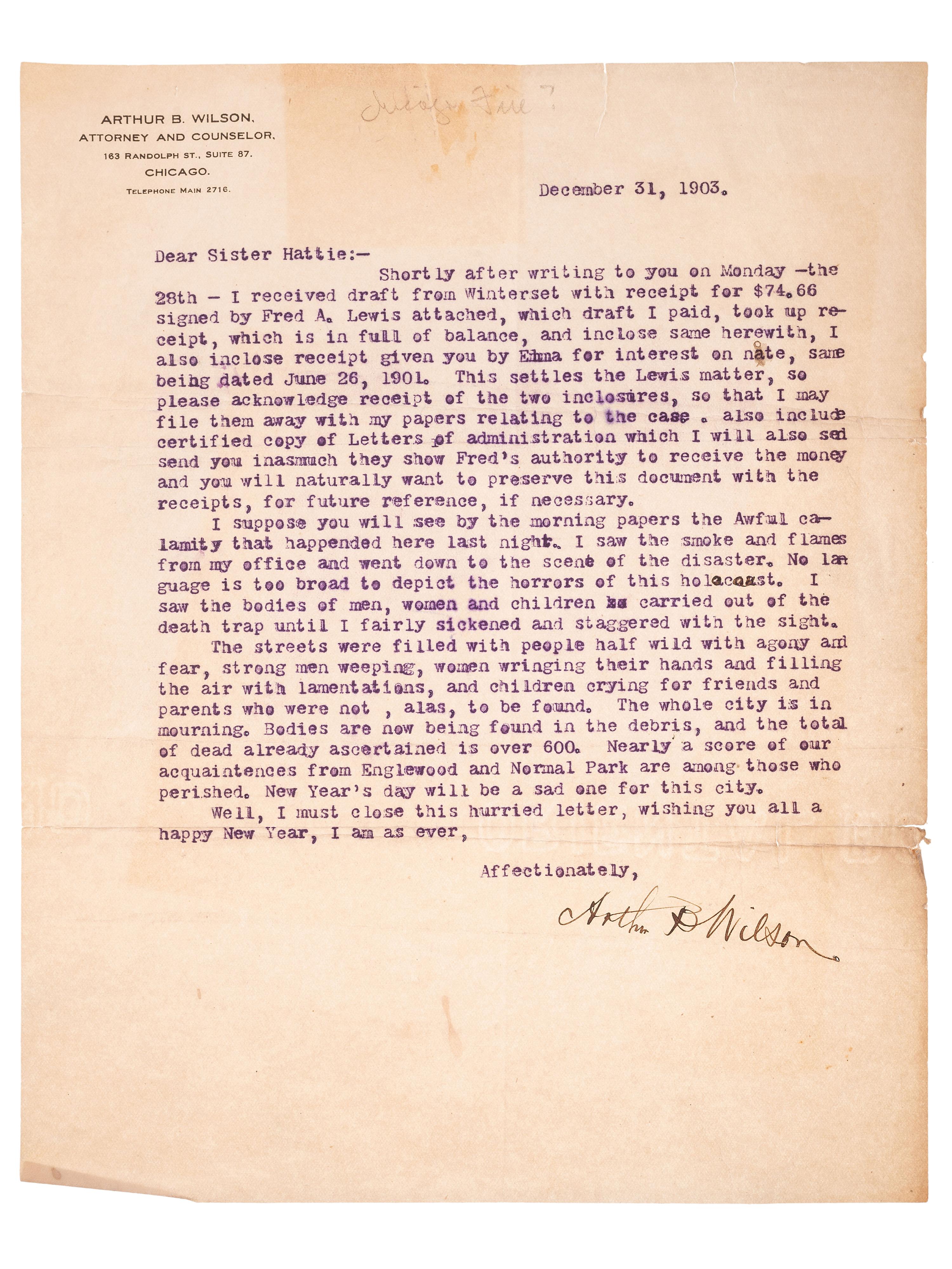 [CHICAGO - IROQUOIS THEATER FIRE]. Eyewitness letter written in the aftermath of the Iroquois Theater Fire.