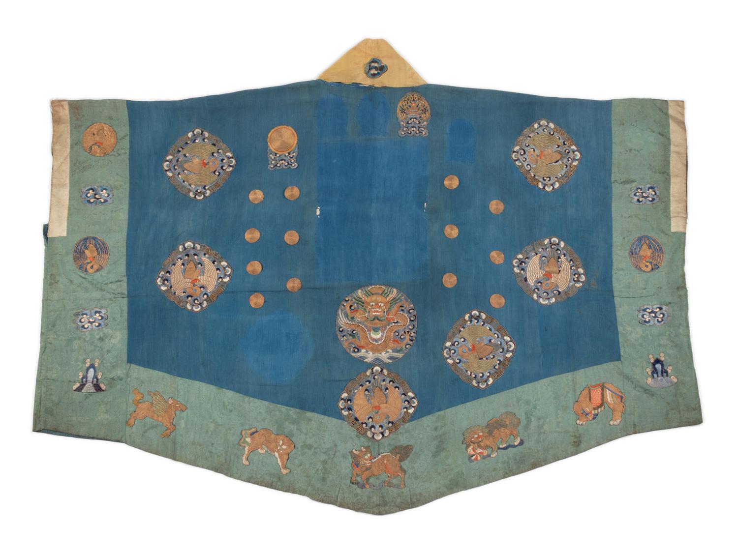 Two Chinese Blue Ground Silk Robes, Late Qing Dynasty 清晚期 藍地盤金繡游龍瑞獸纹道袍及藍地織錦女褂
