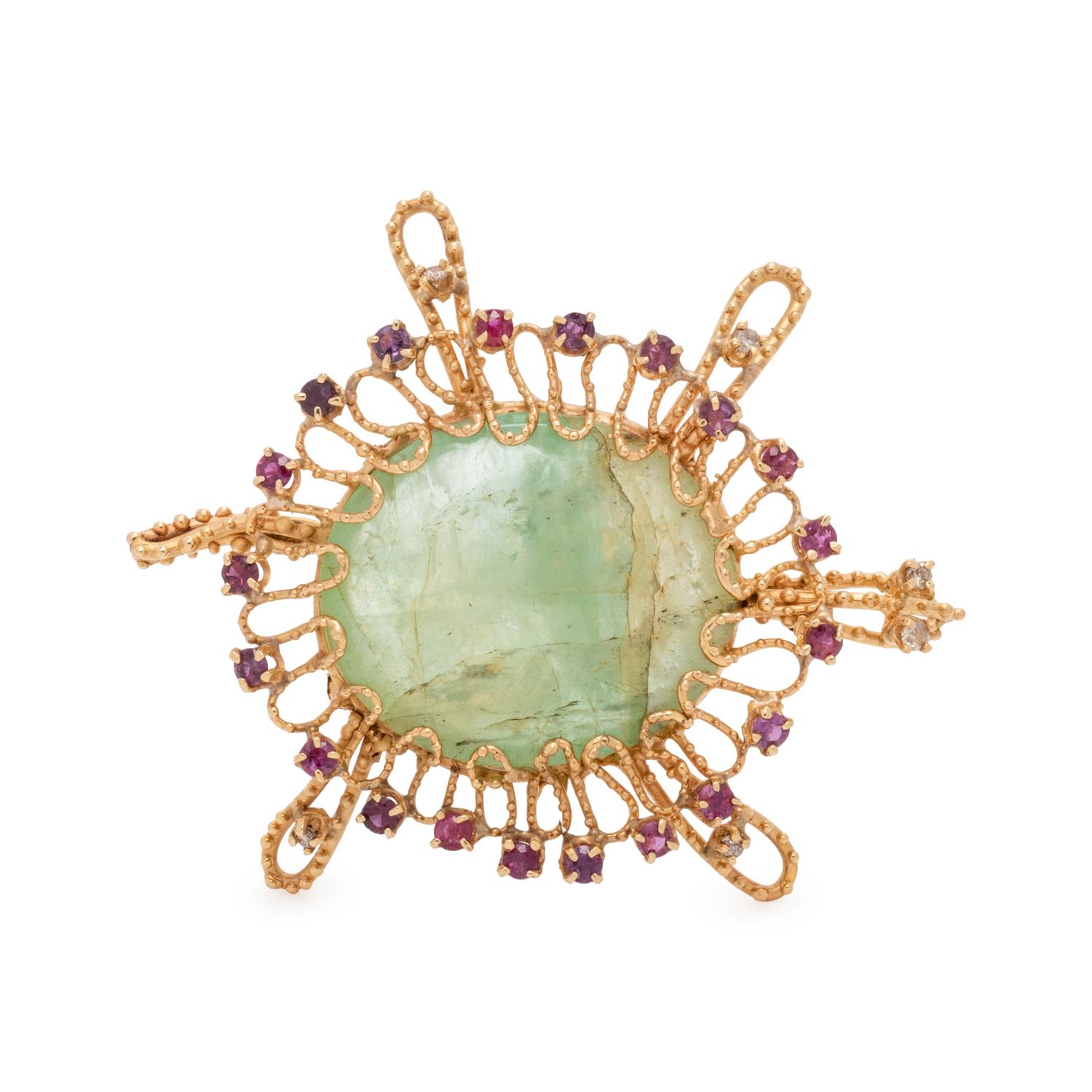 GEMSTONE AND DIAMOND TURTLE BROOCH