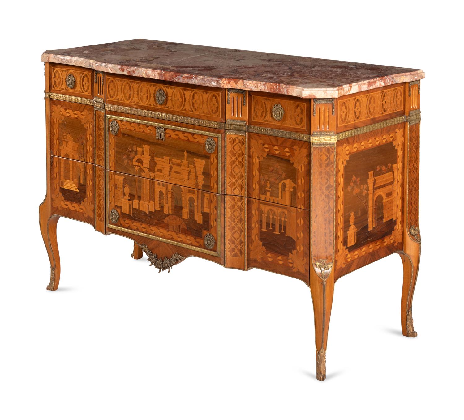 An Italian Marquetry Marble-Top Commode