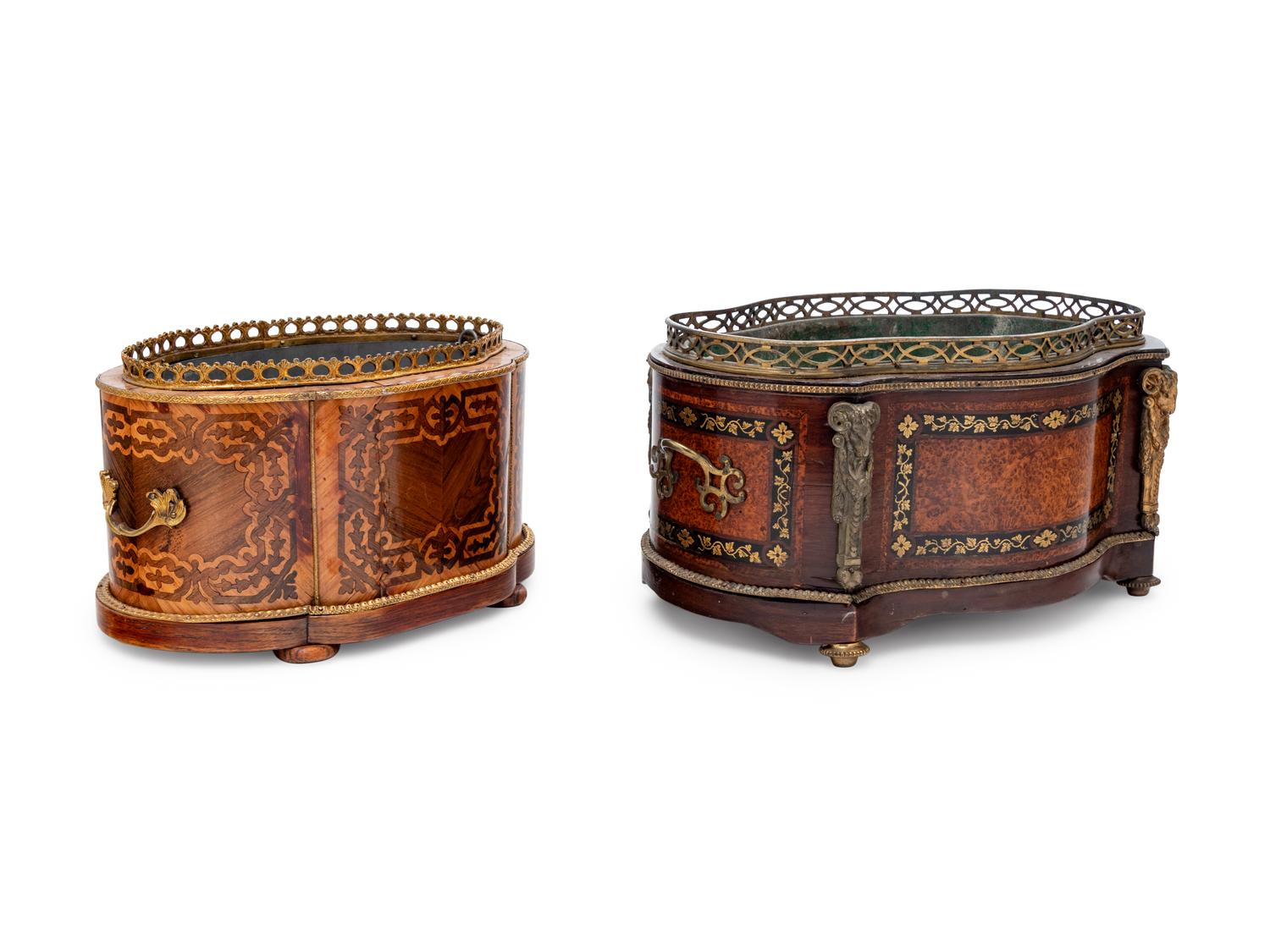 Two Napoleon III Gilt Metal Mounted Marquetry Cache Pots
