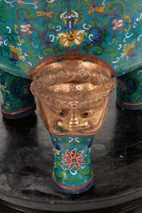 A Pair of Large Chinese Export Gilt Bronze and Cloisonné Censers on Wood Stands