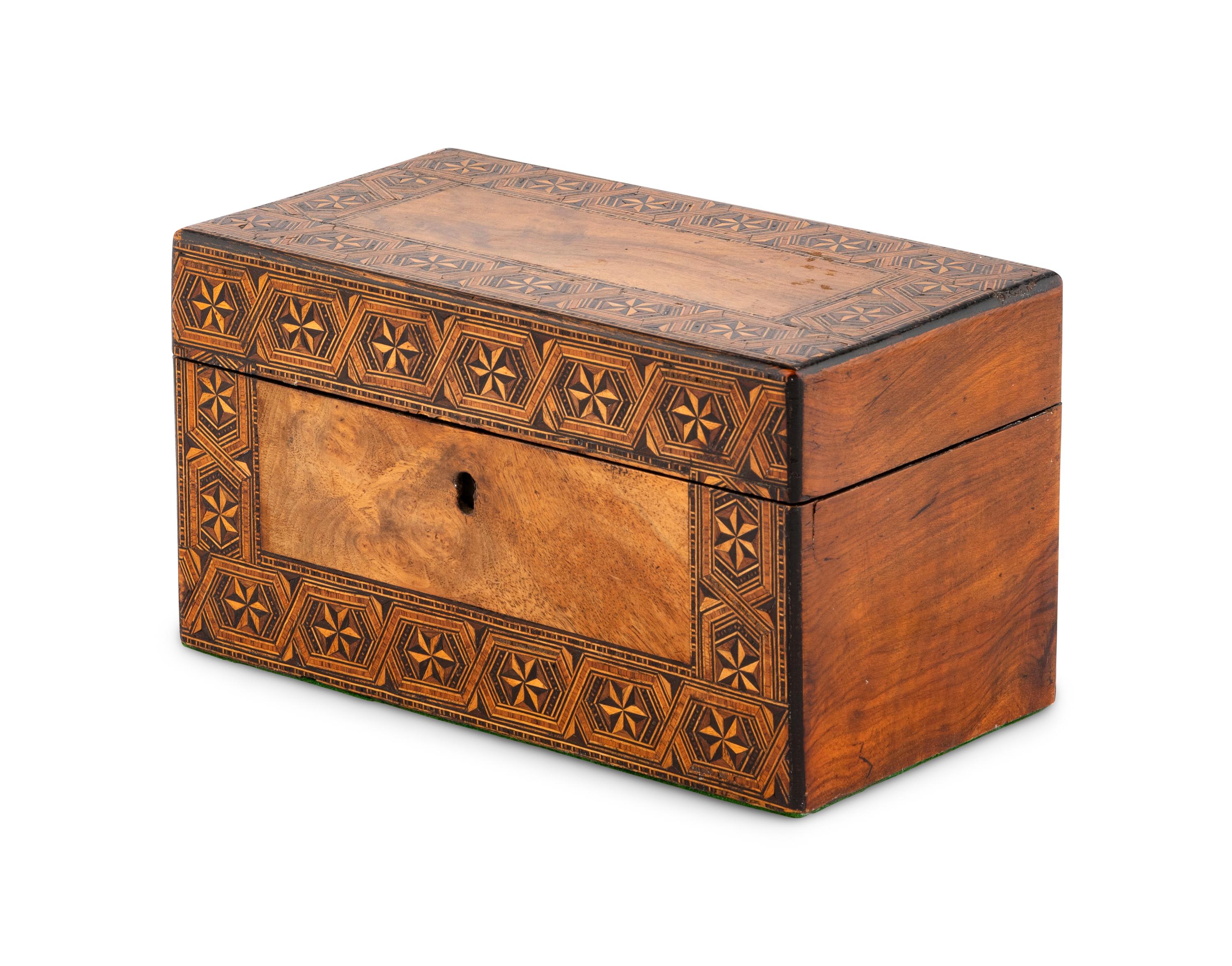 An English Tunbridgeware and Walnut Tea Caddy