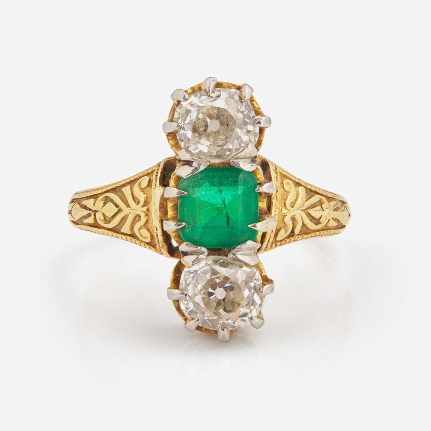 A Three-Stone 14K Yellow Gold, Emerald, and Diamond Ring Victorian, c.1900