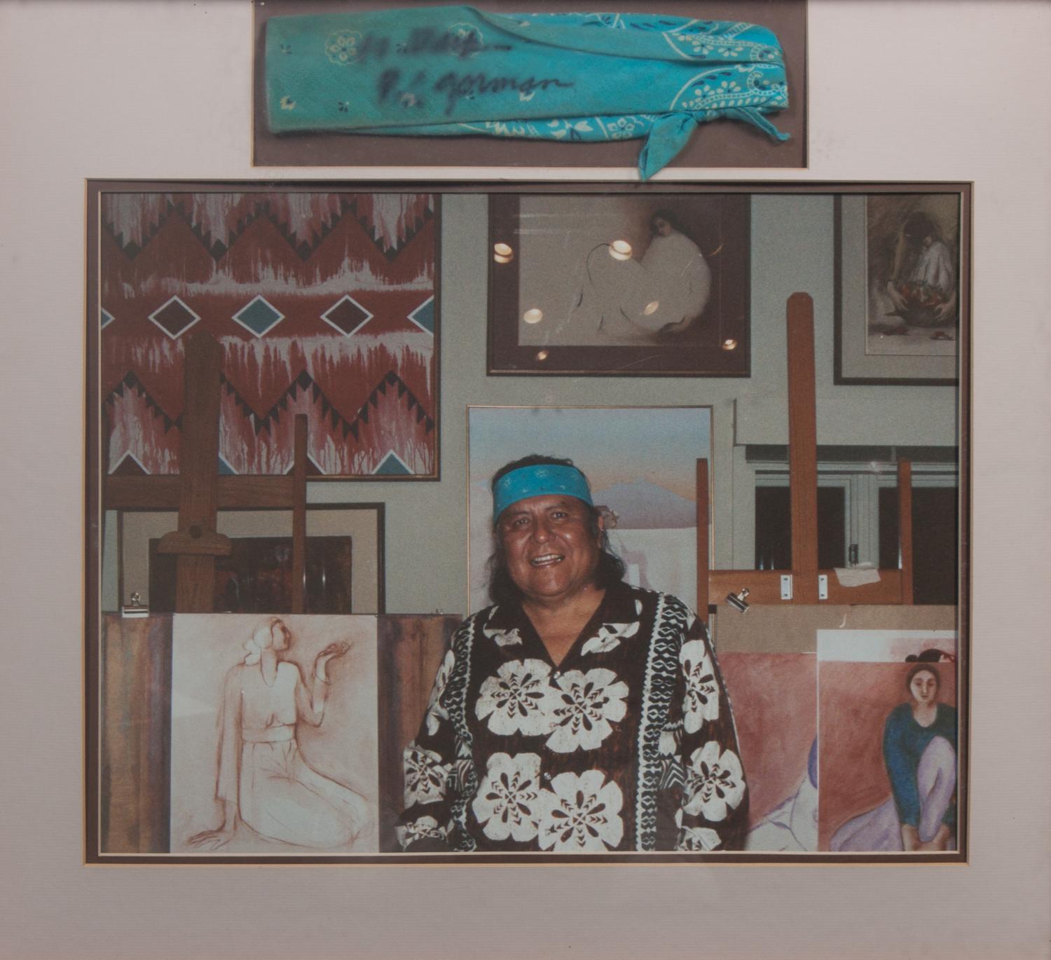 Rudolph Carl (RC) Gorman, (American, 1932 - 2005), Red Woman, together with a photograph and bandana signed by RC Gorman
