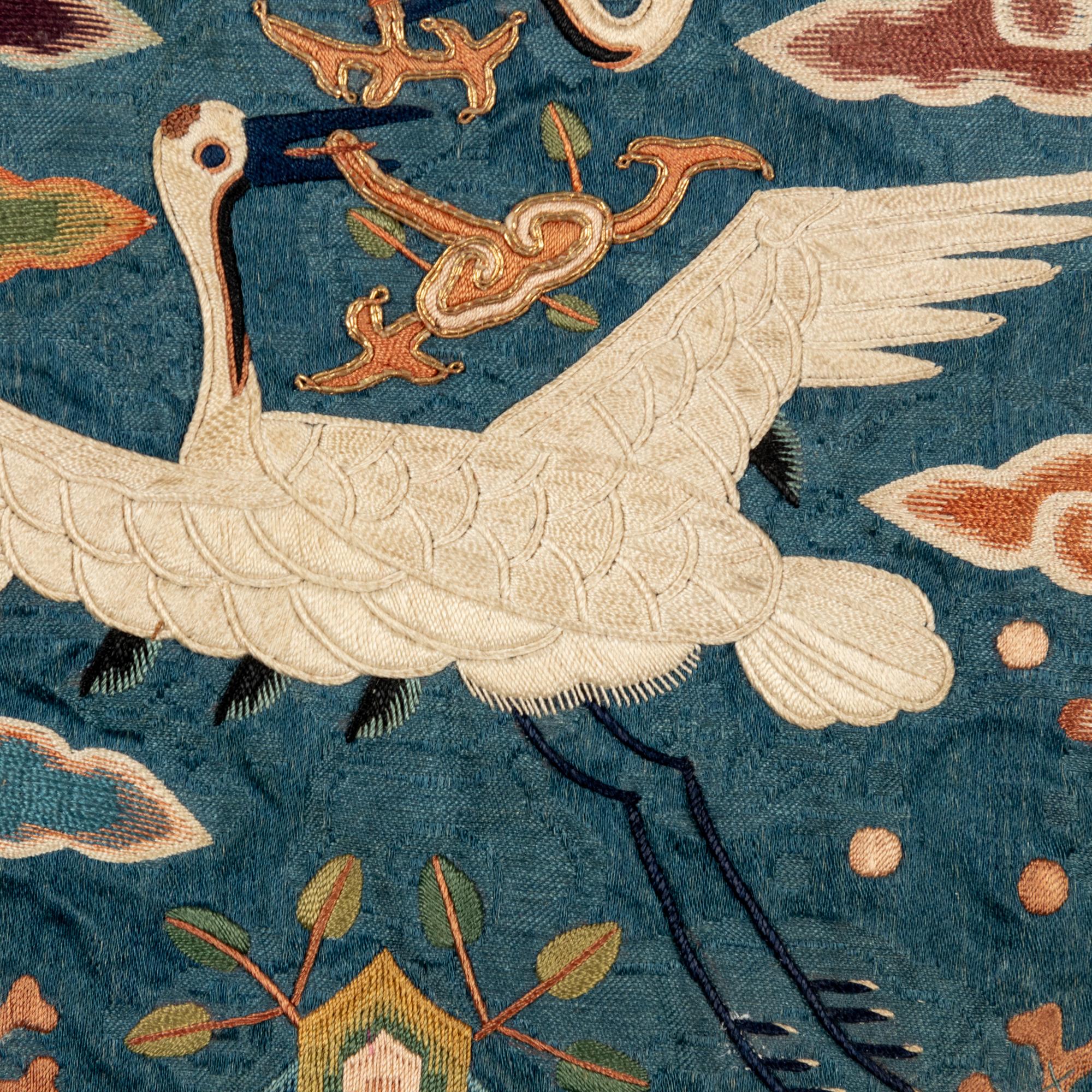 Two Korean Embroidered Silk 'Crane' Rank Badges, Hyungbae, Joseon Dynasty, Late 19th Century 李氏朝鮮 白鶴文官補子兩幅