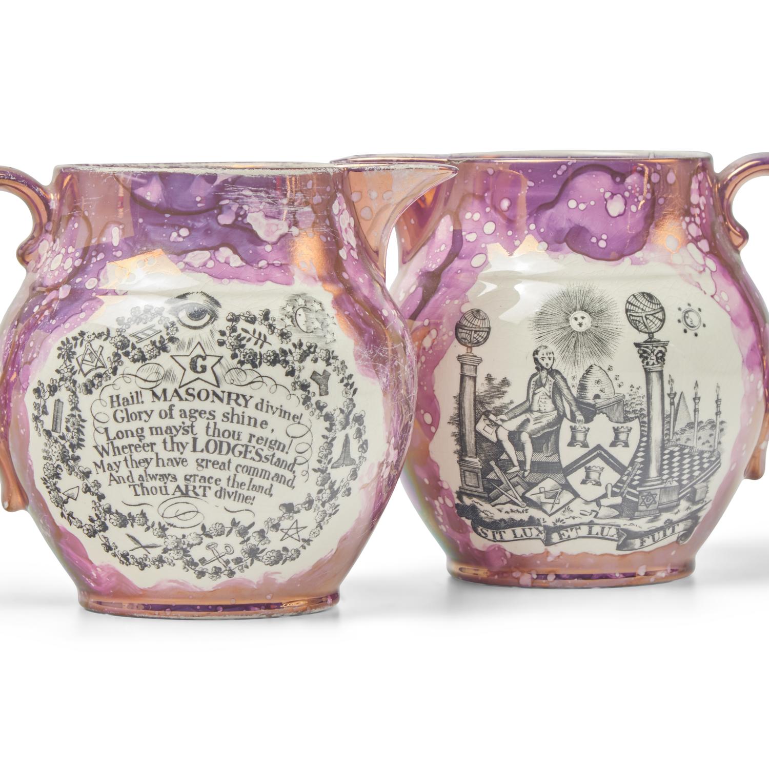 A Pair of Staffordshire Pink Sunderland Lustreware Masonic Water Pitchers, Together with Five Tea Bowls and Saucers