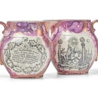 A Pair of Staffordshire Pink Sunderland Lustreware Masonic Water Pitchers, Together with Five Tea Bowls and Saucers