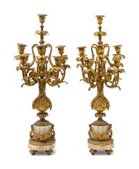 A Pair of Louis XVI Style Gilt Bronze and Onyx Eight-Light Candelabra