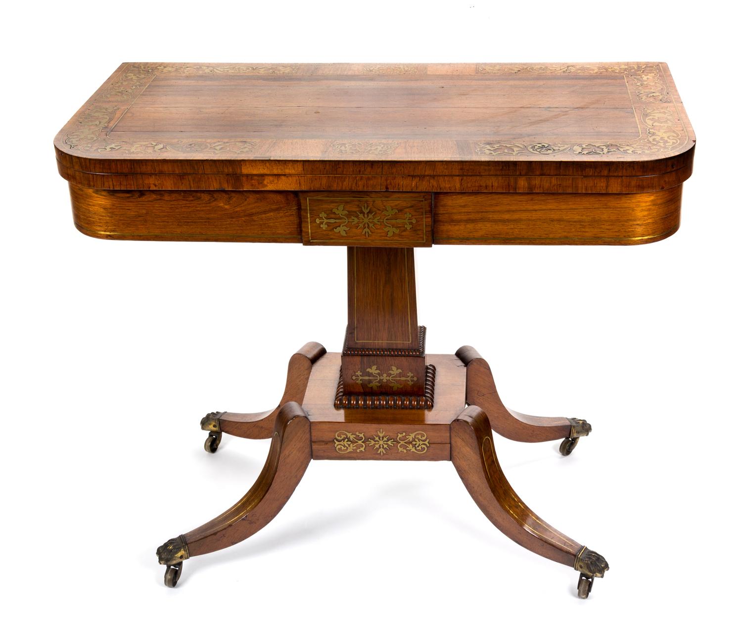 A George IV Brass Inlaid Rosewood Games Table Height 29 1/2 x width 35 1/2 x depth 17 3/4 inches. — 19TH CENTURY