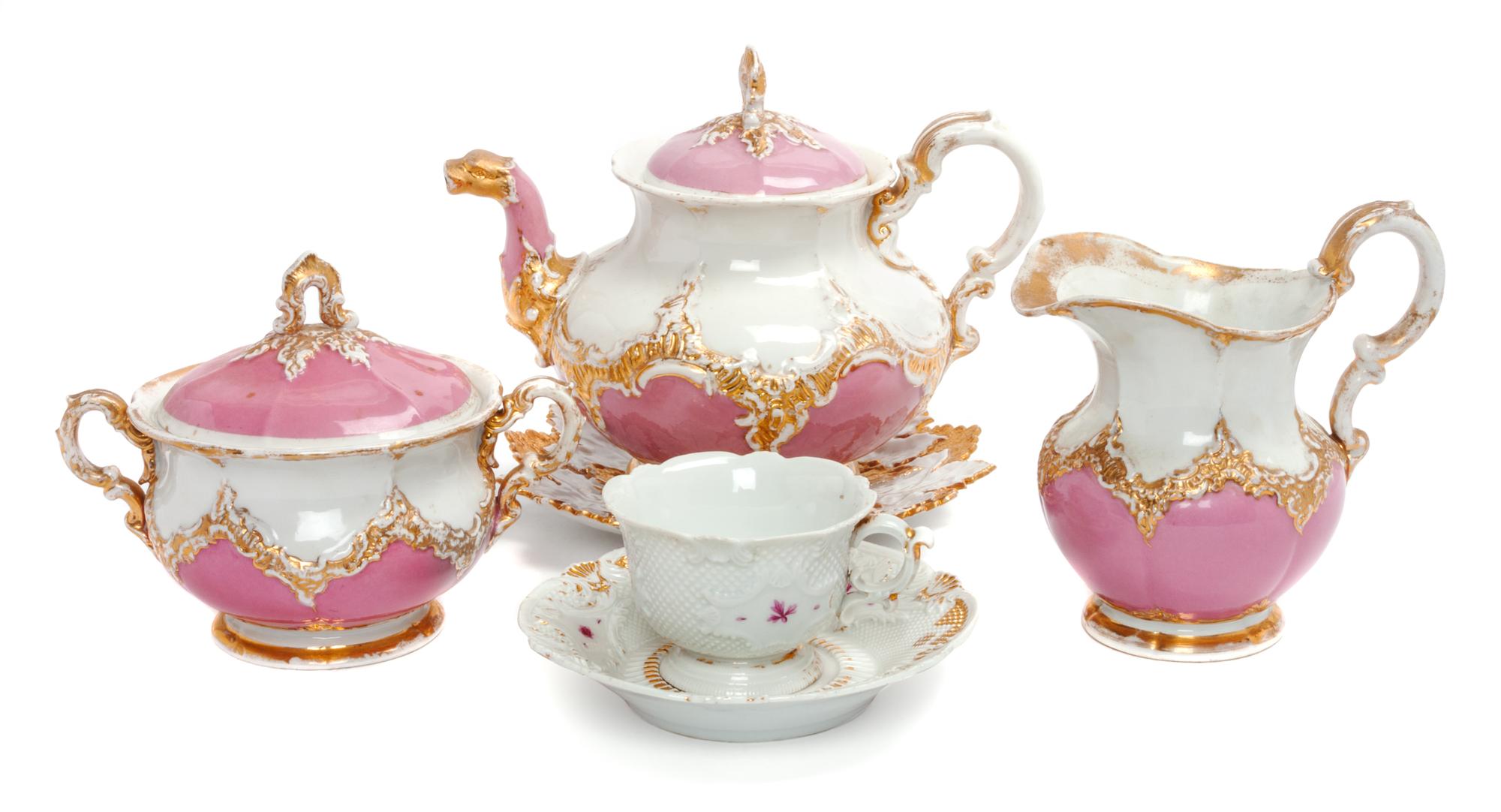 A Meissen Three-Piece Tea Set Height of teapot 6 1/2 inches.