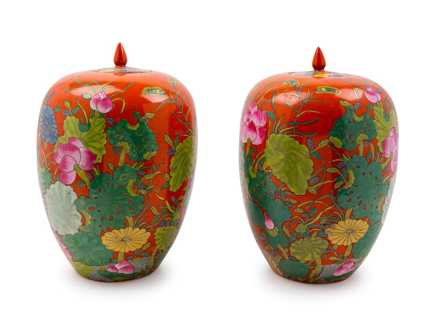 A Pair of Chinese Coral Red Ground Porcelain Jars