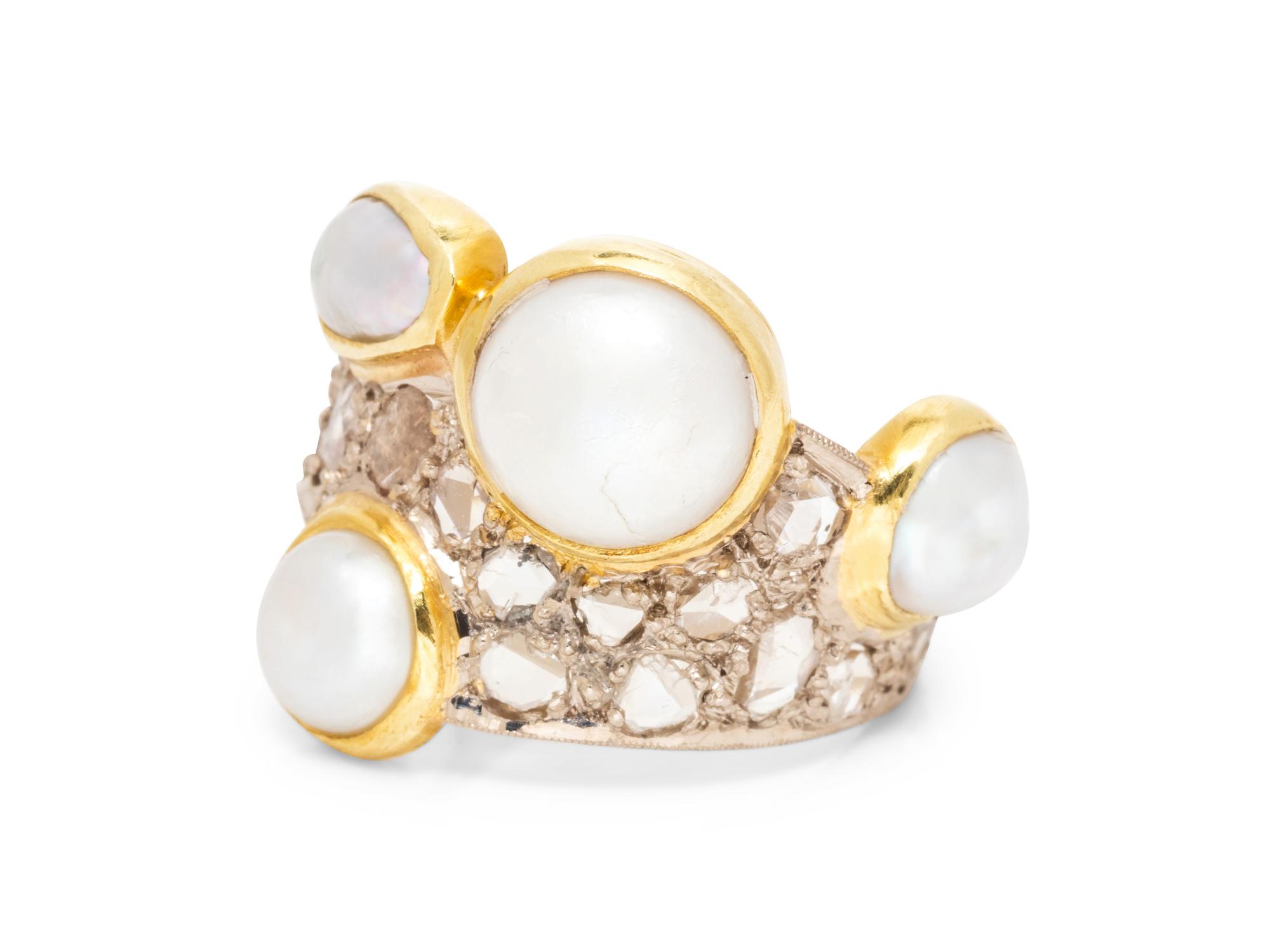 An 18 Karat Bicolor Gold, Cultured Pearl and Diamond Ring,