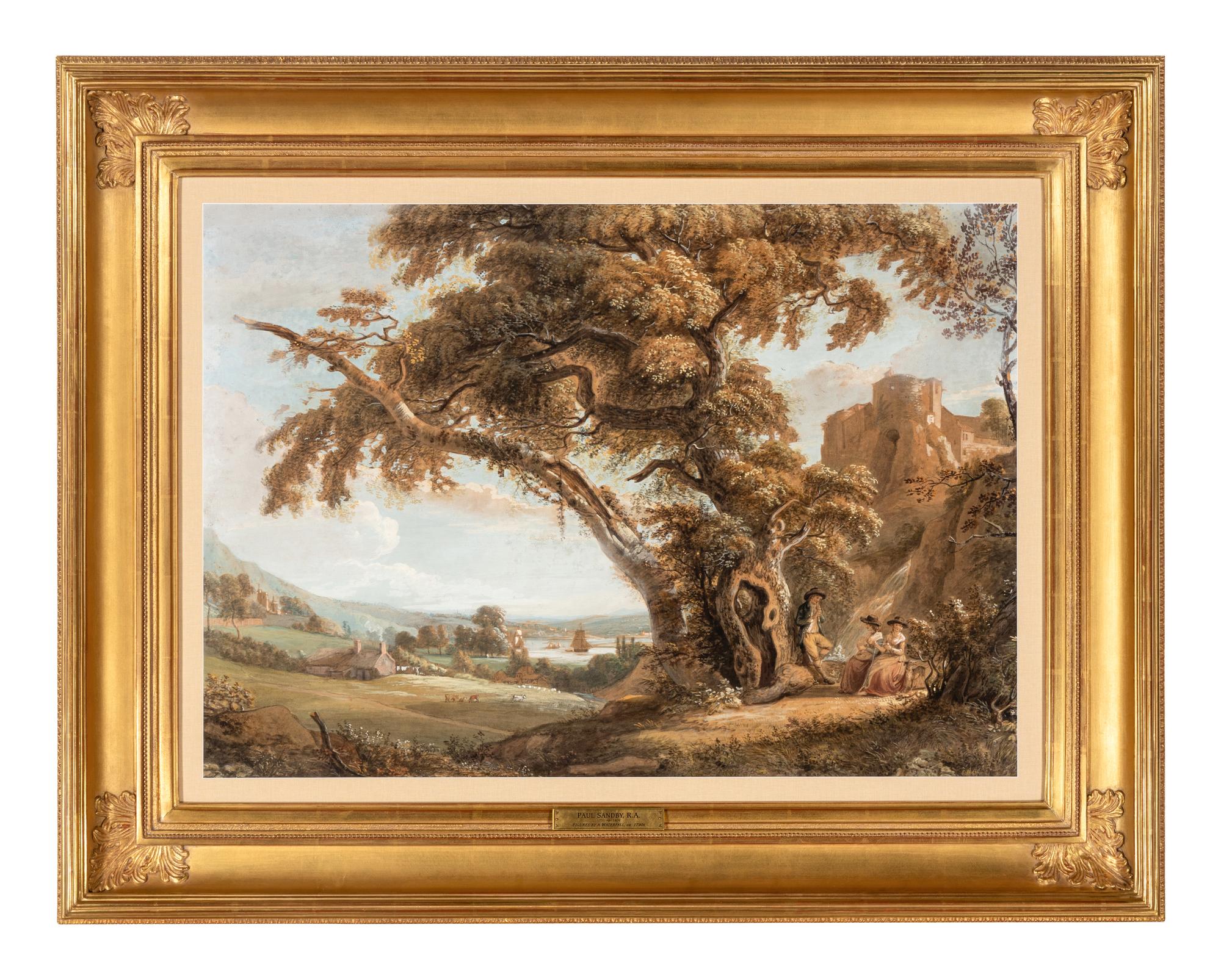 Figures by a Waterfall, with a Castle and a River Estuary Beyond