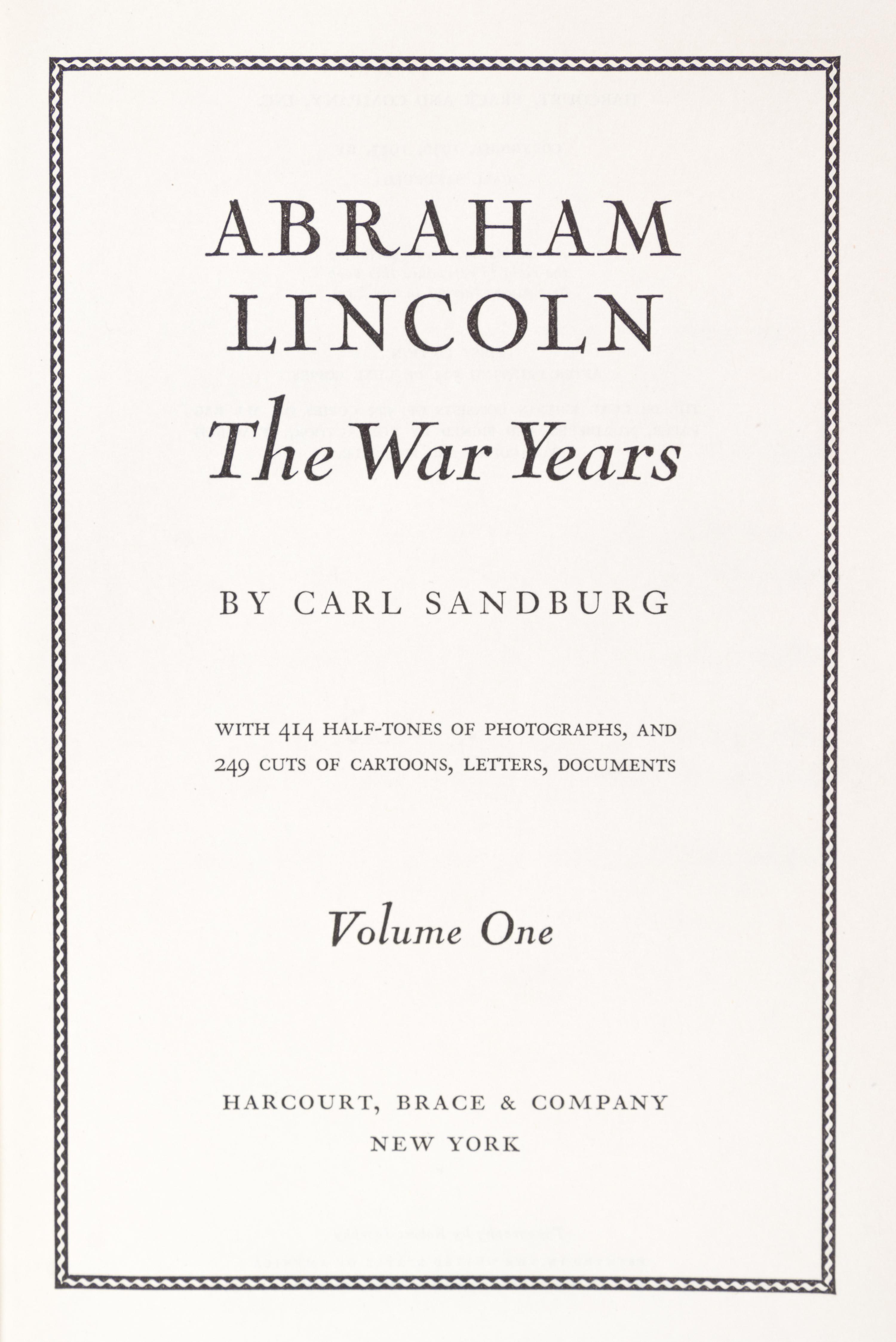 (LINCOLN, ABRAHAM) SANDBURG, CARL. Abraham Lincoln: The War Years. New York, (1939). 4 vols. First edition, signed.