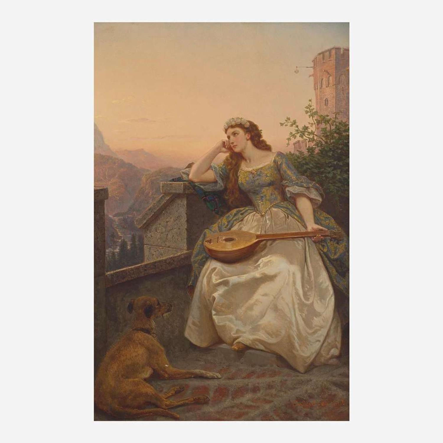 Emanuel Leutze (American, 1816-1868) Young Woman Daydreaming with Mandolin and Dog