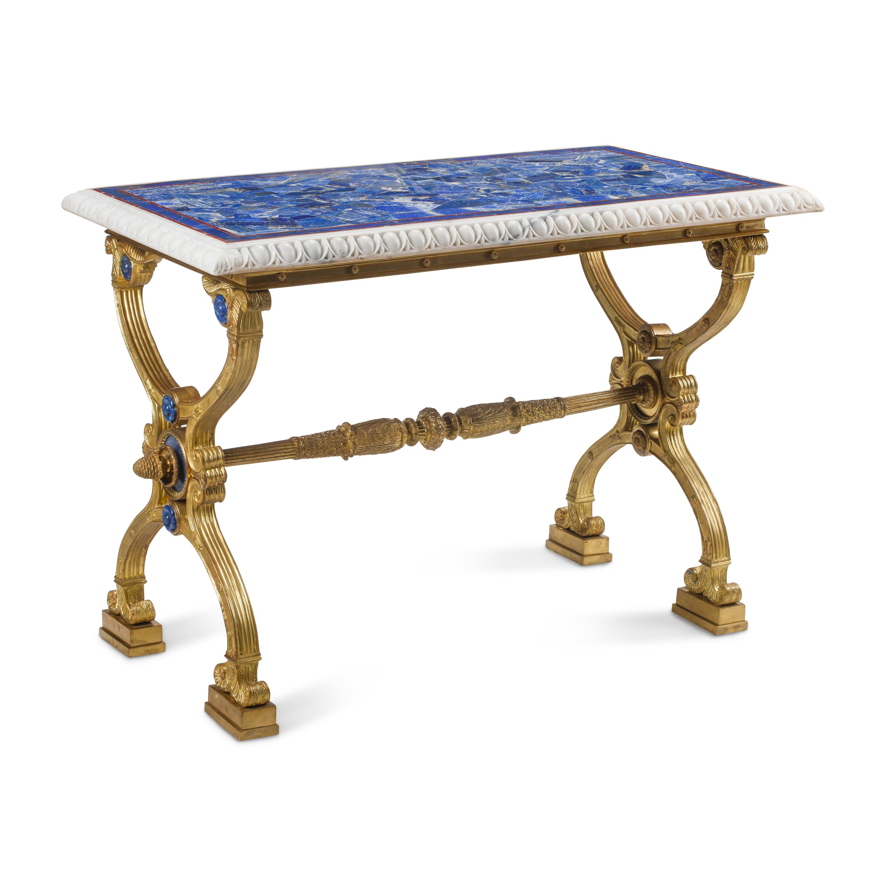 A Charles X Style Gilt Bronze, Lapis Lazuli and Marble Table