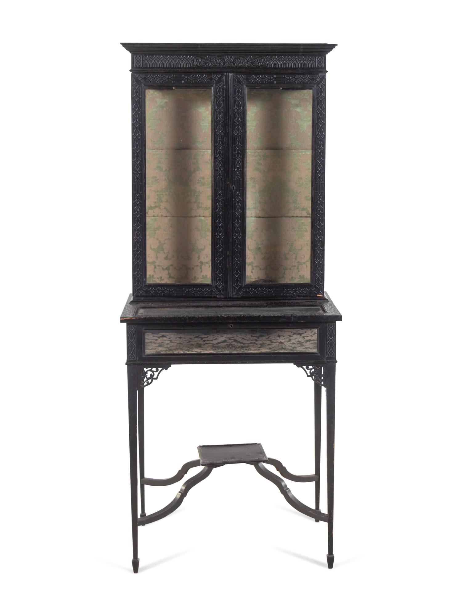 A Chinese Chippendale Style Black-Painted Vitrine Cabinet on Stand