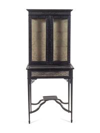 A Chinese Chippendale Style Black-Painted Vitrine Cabinet on Stand