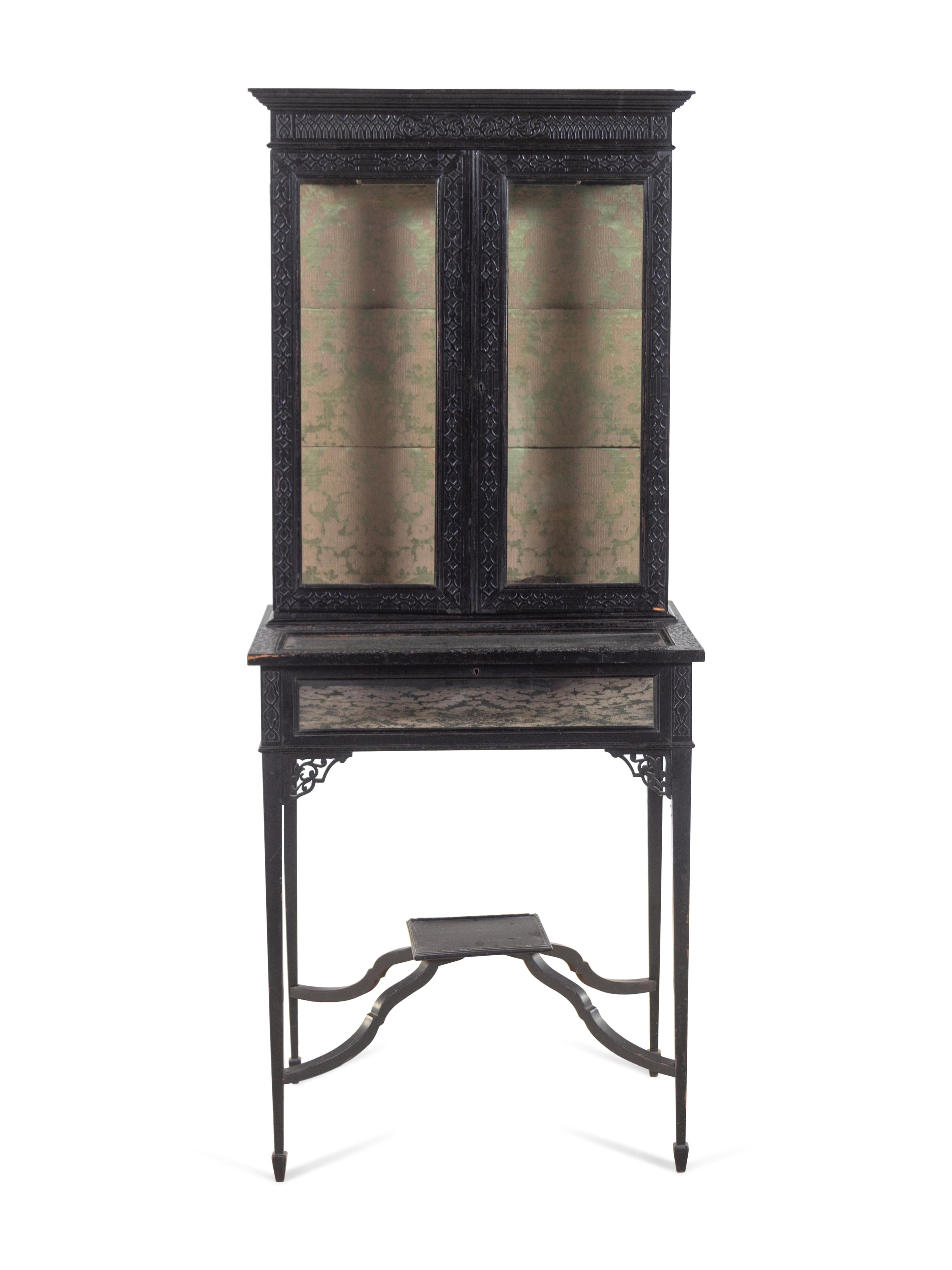 A Chinese Chippendale Style Black-Painted Vitrine Cabinet on Stand