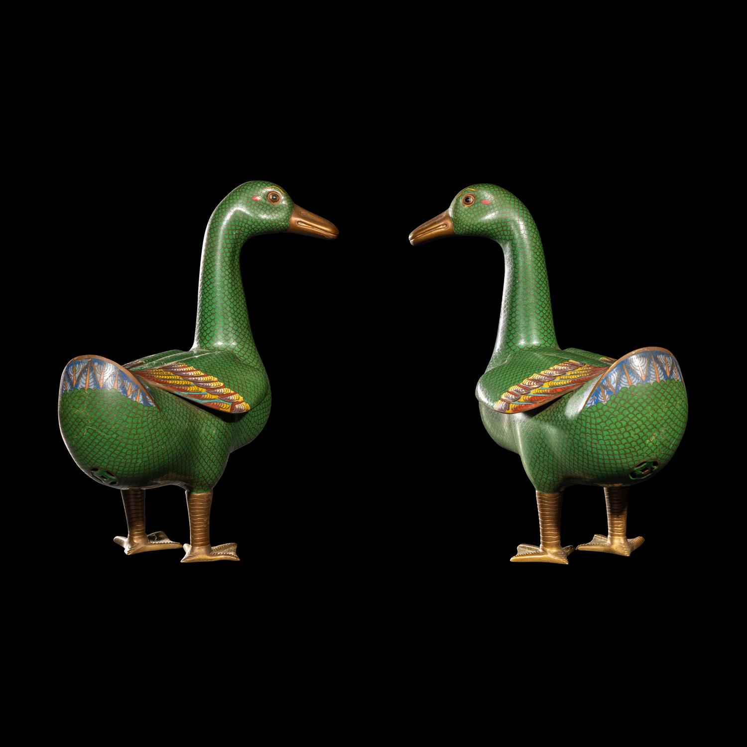 A Pair of Chinese Cloisonne Enamel Figures of Ducks