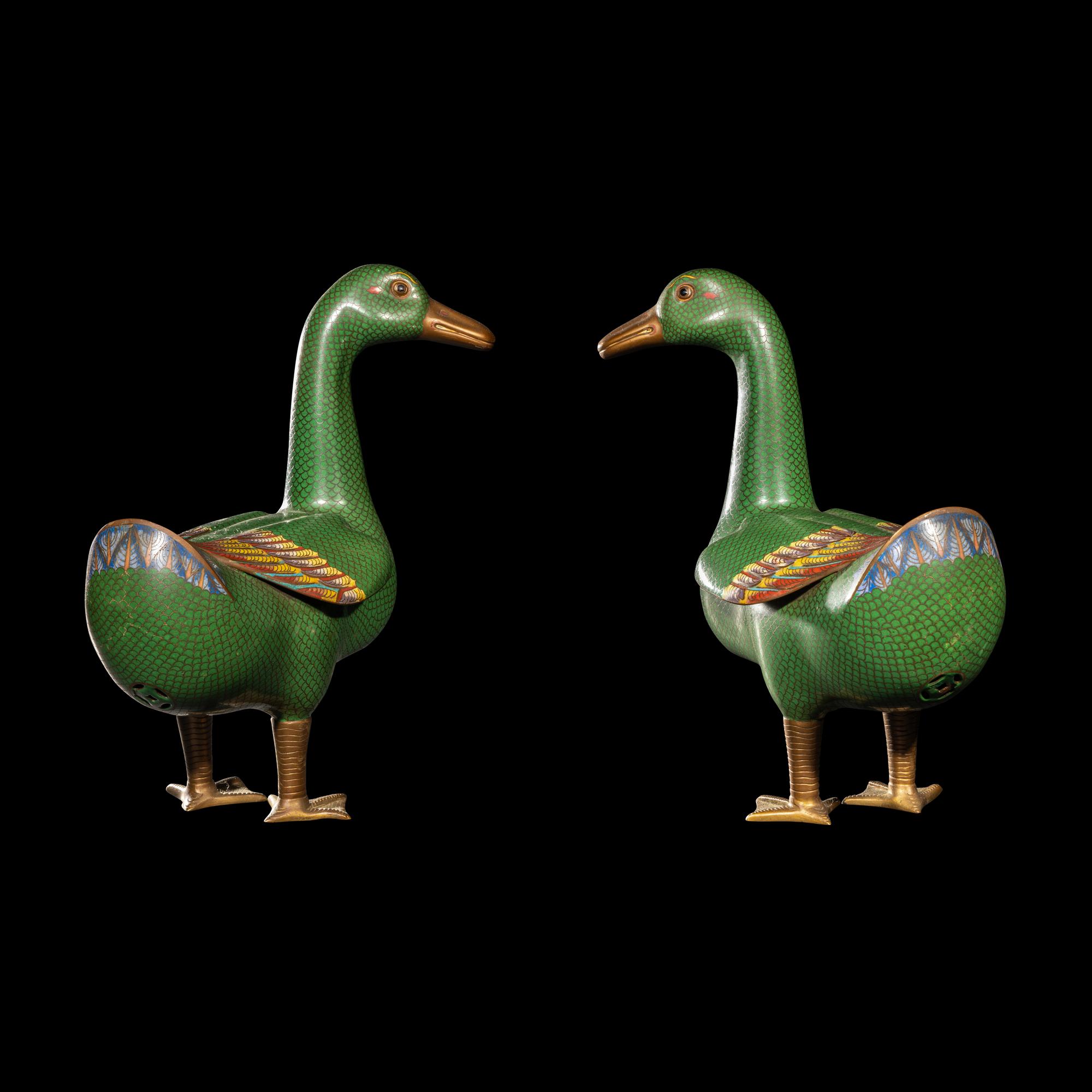 A Pair of Chinese Cloisonne Enamel Figures of Ducks