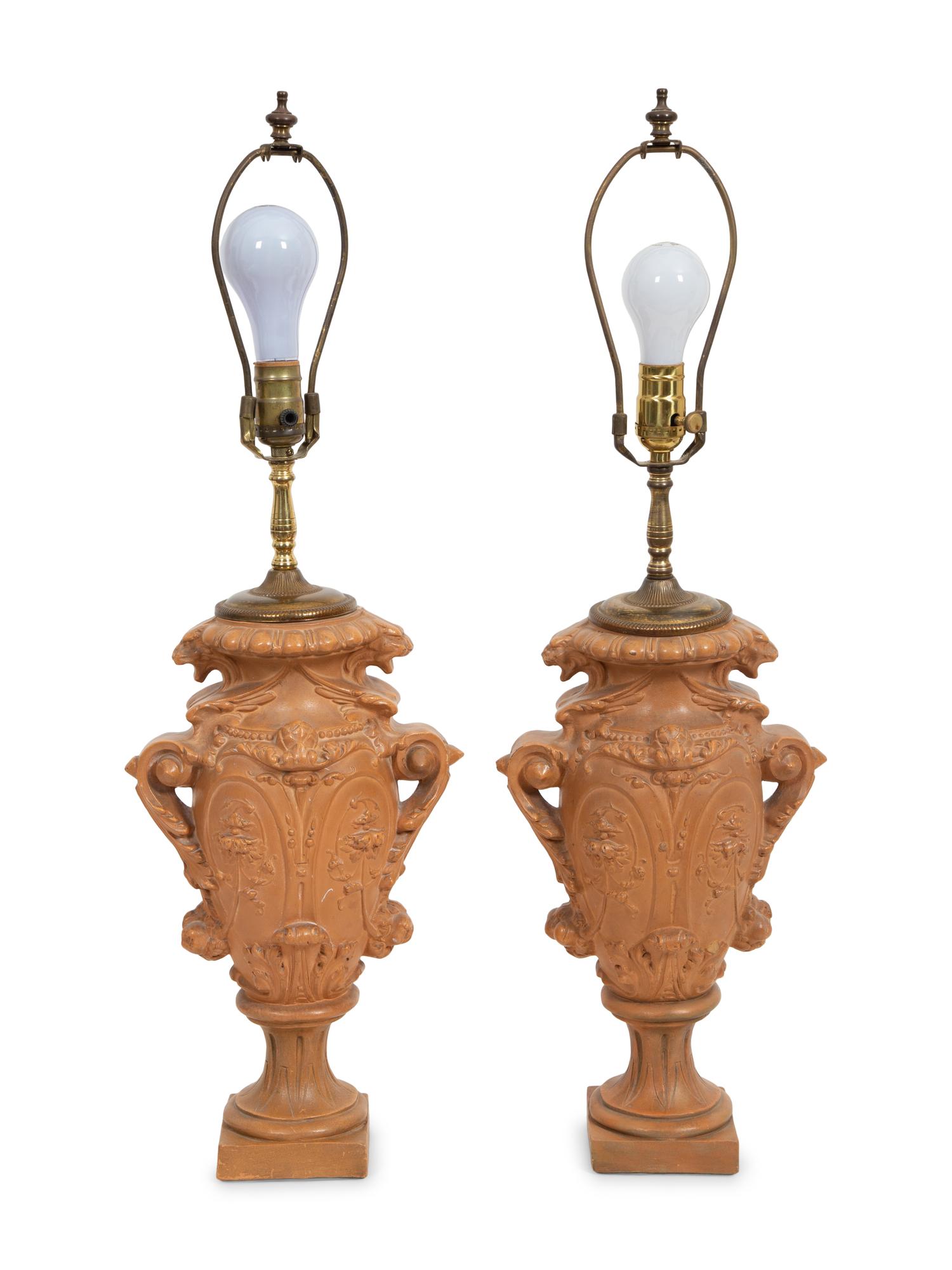 A Pair of Glazed Terracotta Vases now Mounted as Lamps