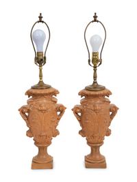 A Pair of Glazed Terracotta Vases now Mounted as Lamps