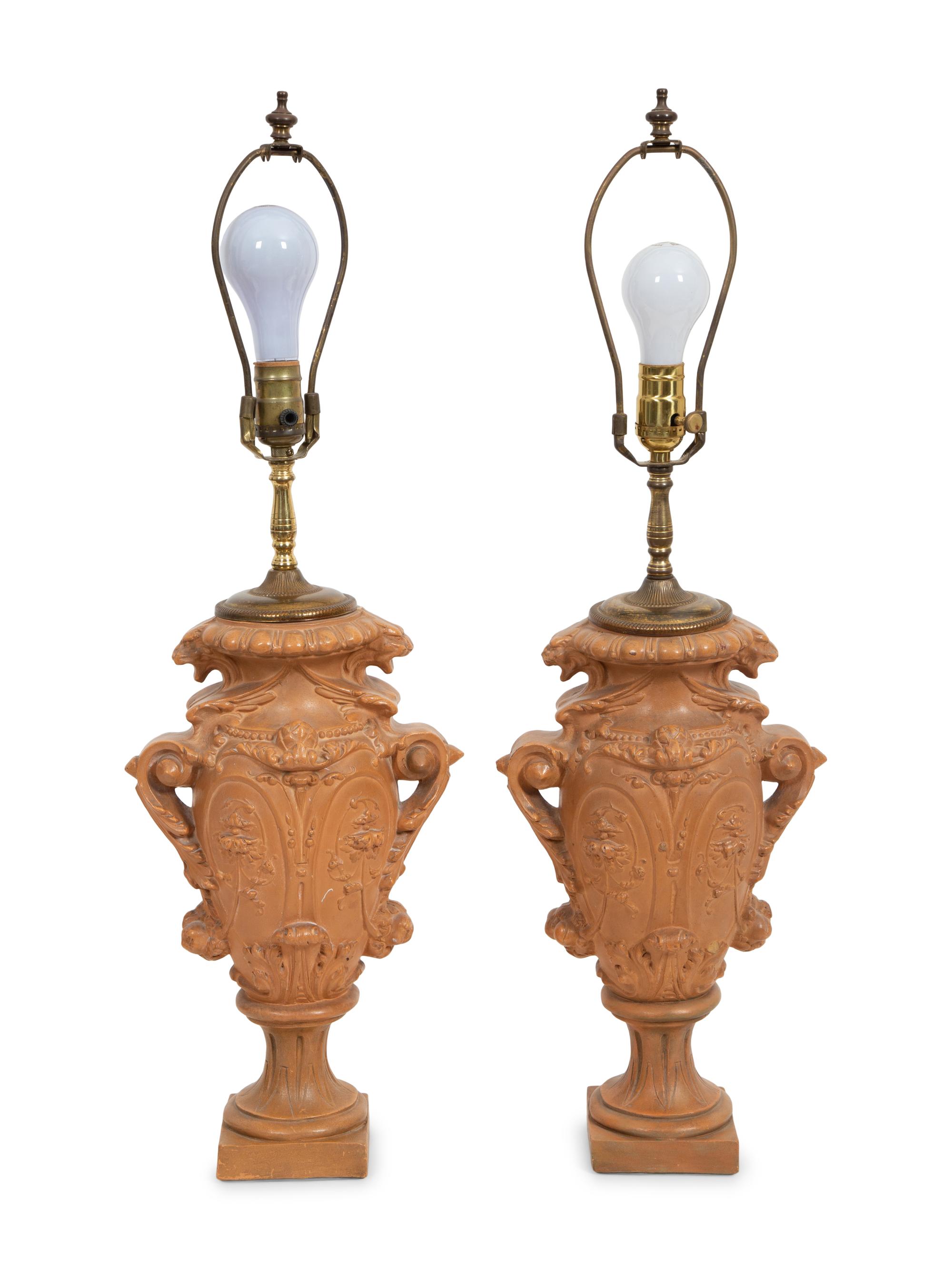 A Pair of Glazed Terracotta Vases now Mounted as Lamps