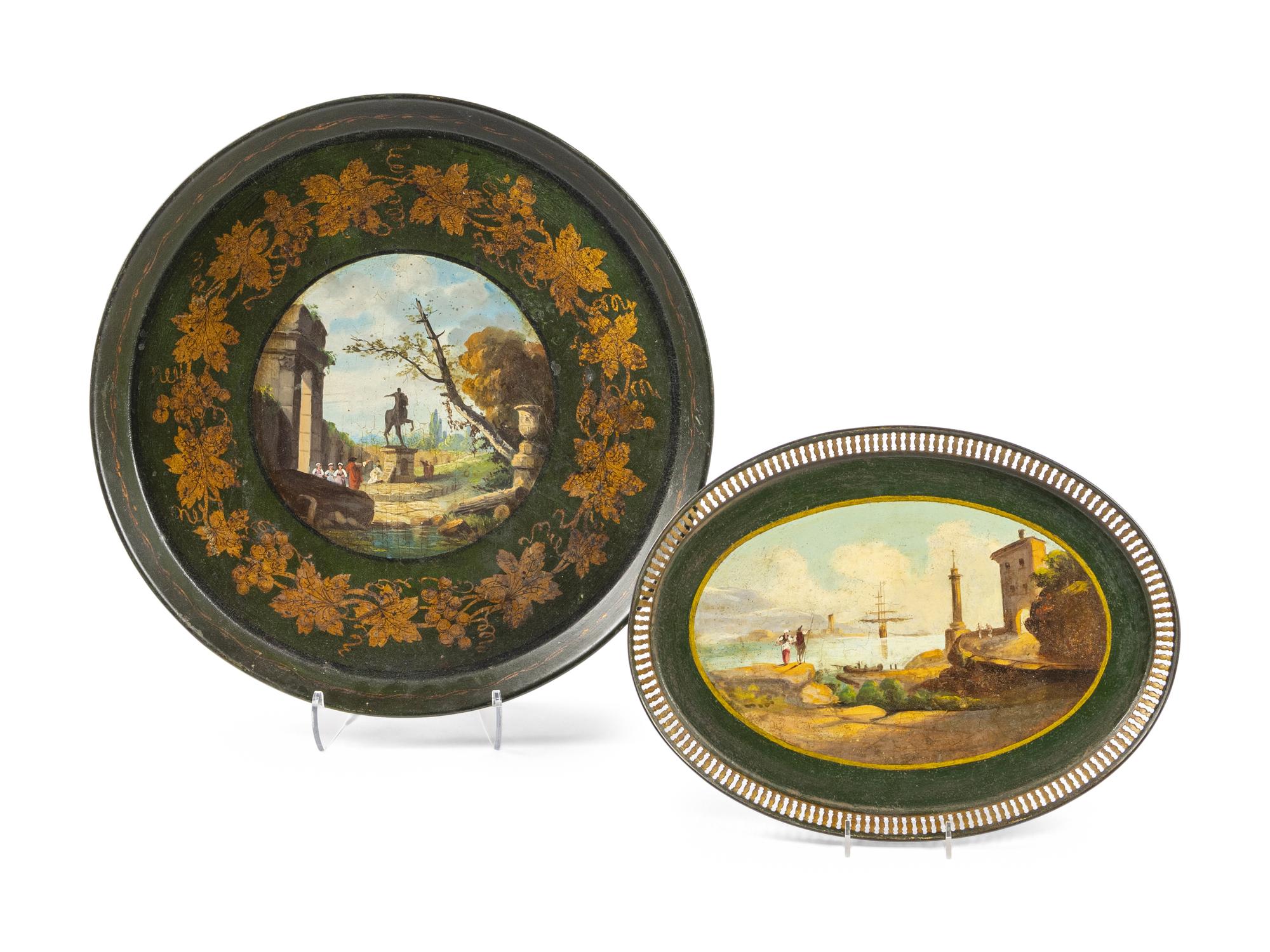 Two French Painted Tole Trays and a Tole Water Urn