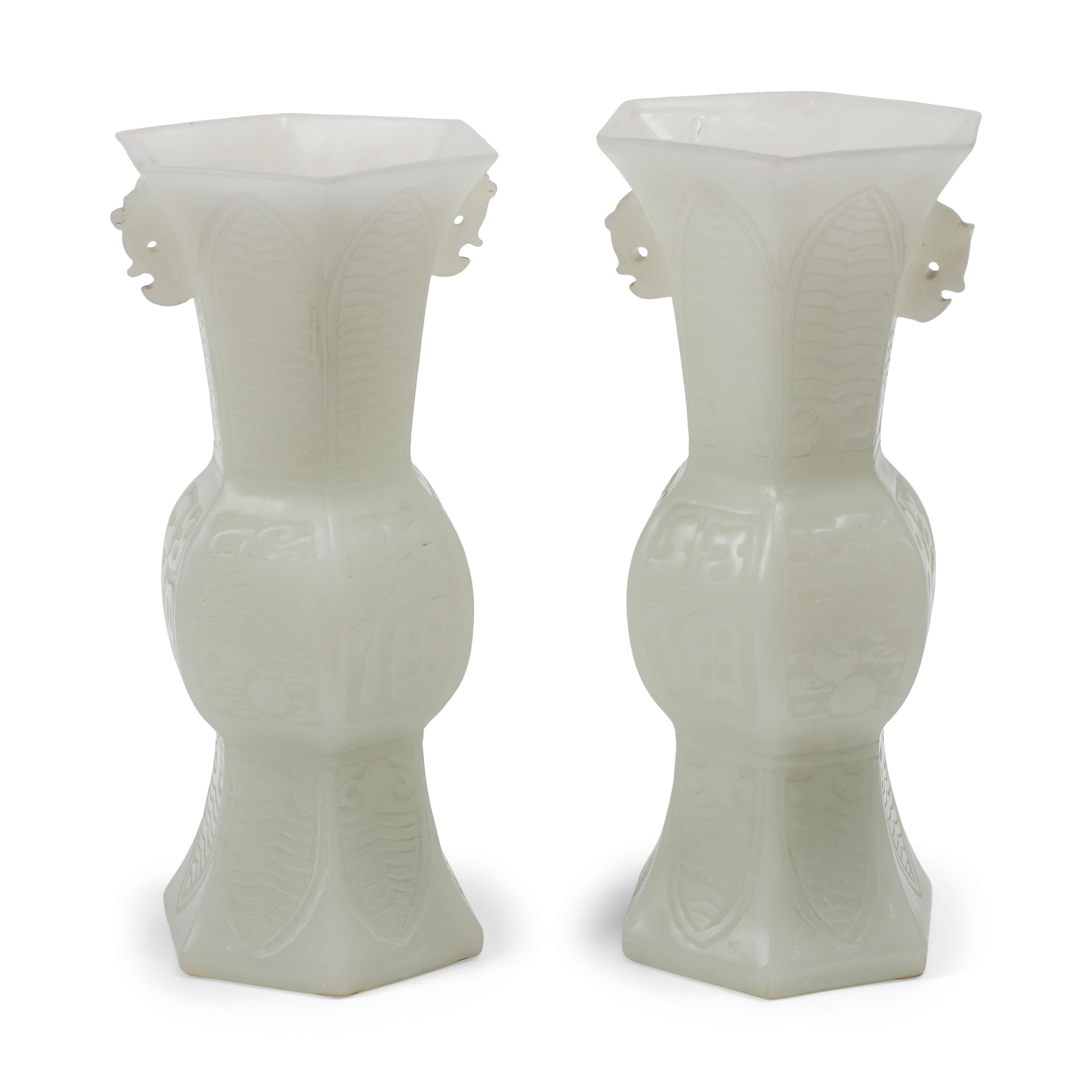 A Pair of Chinese White Glass Hexagonal Vases