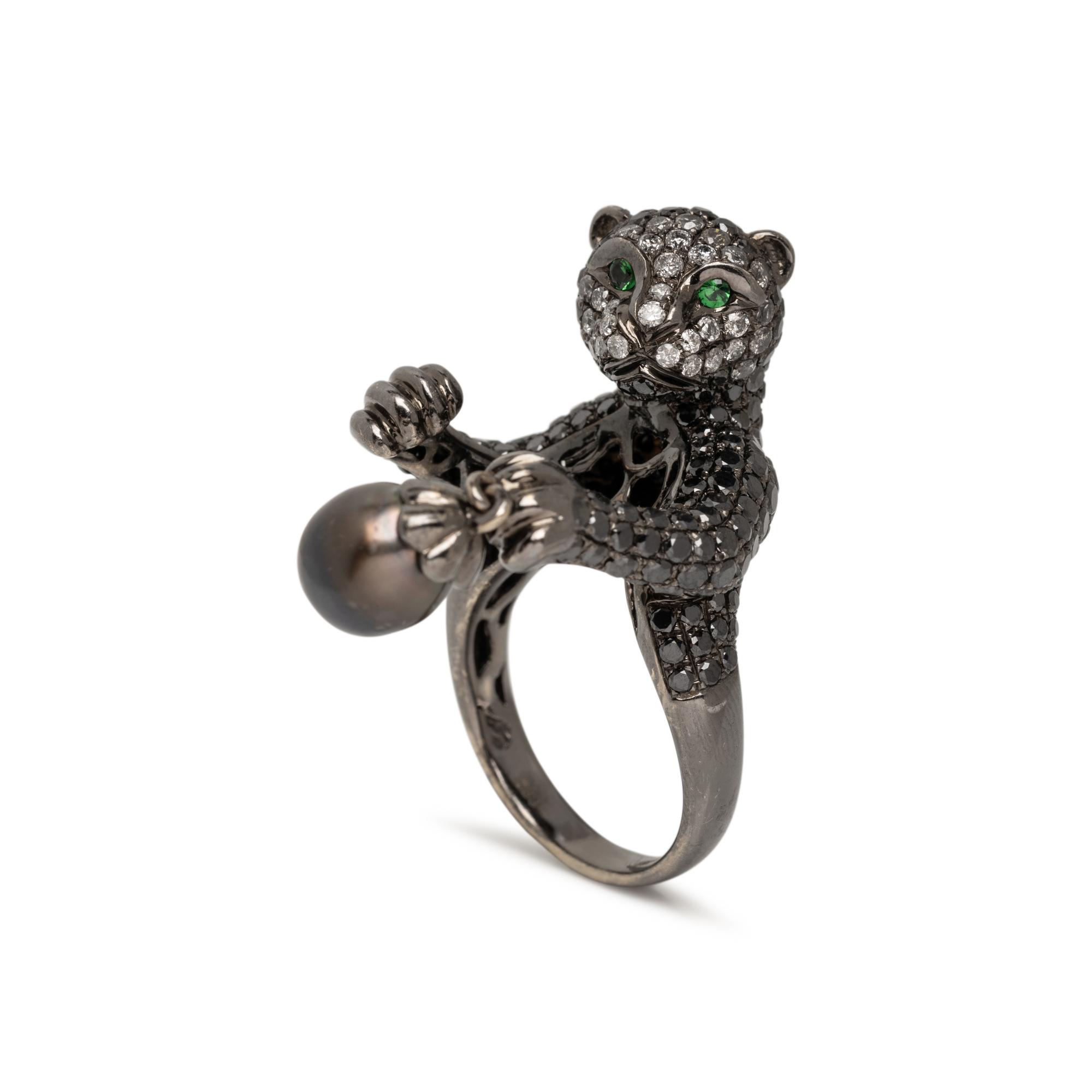 WENDY YUE, DIAMOND, CULTURED PEARL, AND BLACKENED GOLD PANTHER RING