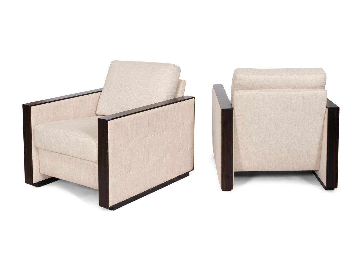 A Pair of Contemporary Rosewood Lounge Chairs with Linen Upholstery
