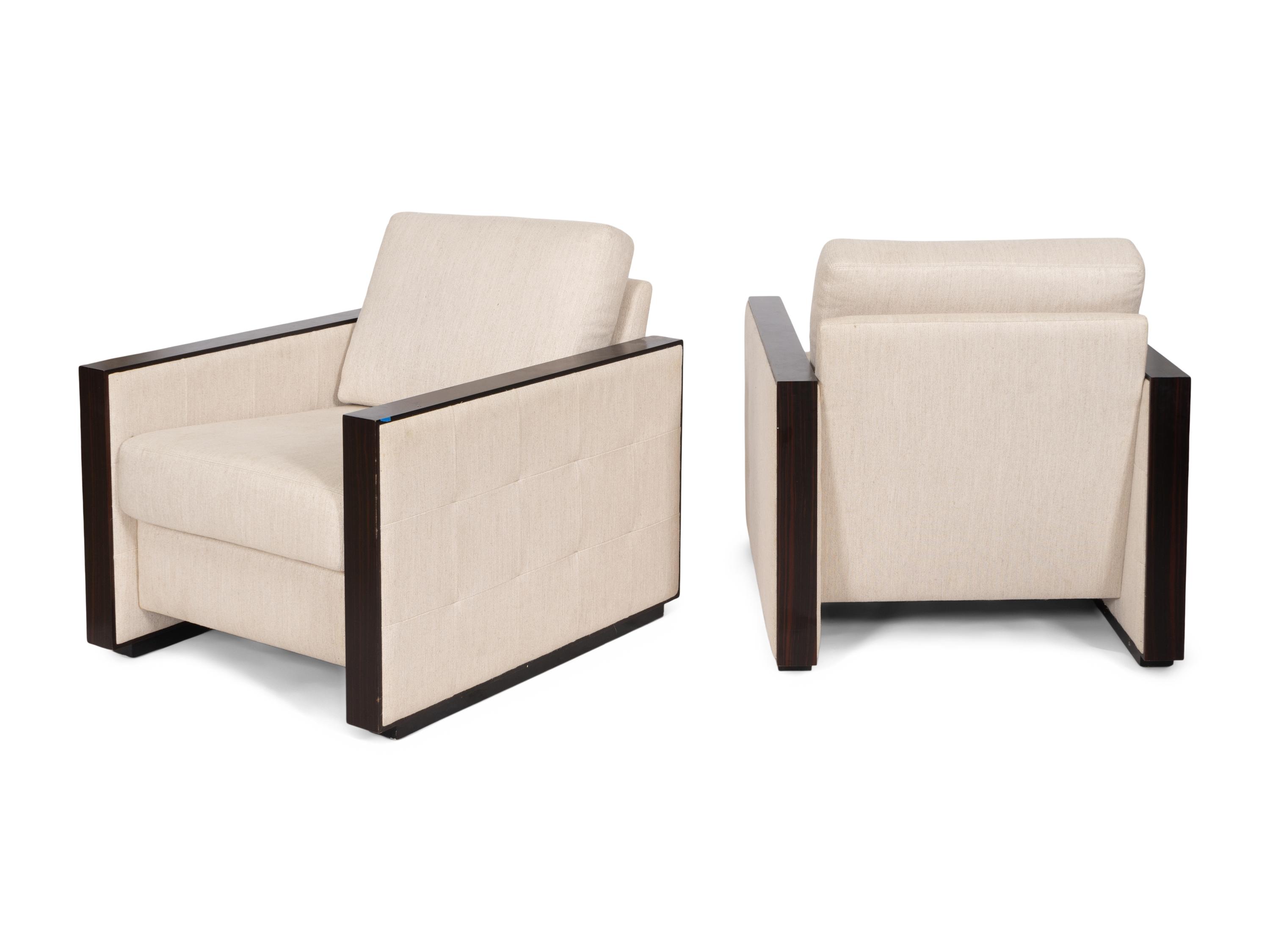 A Pair of Contemporary Rosewood Lounge Chairs with Linen Upholstery