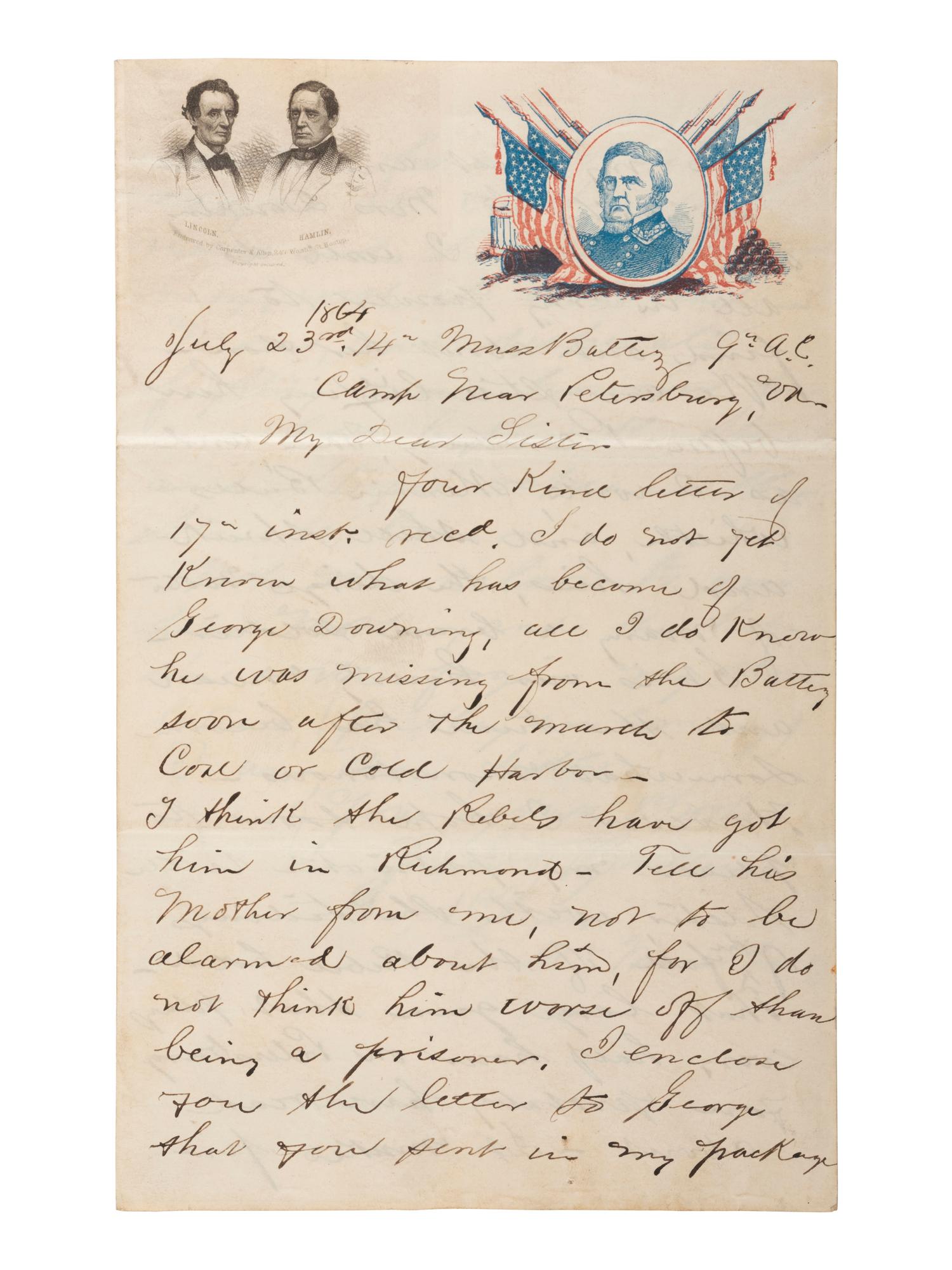[LINCOLNIANA - CIVIL WAR]. Lincoln-Hamlin-Scott lettersheet with soldier's letter. 23 July 1864.