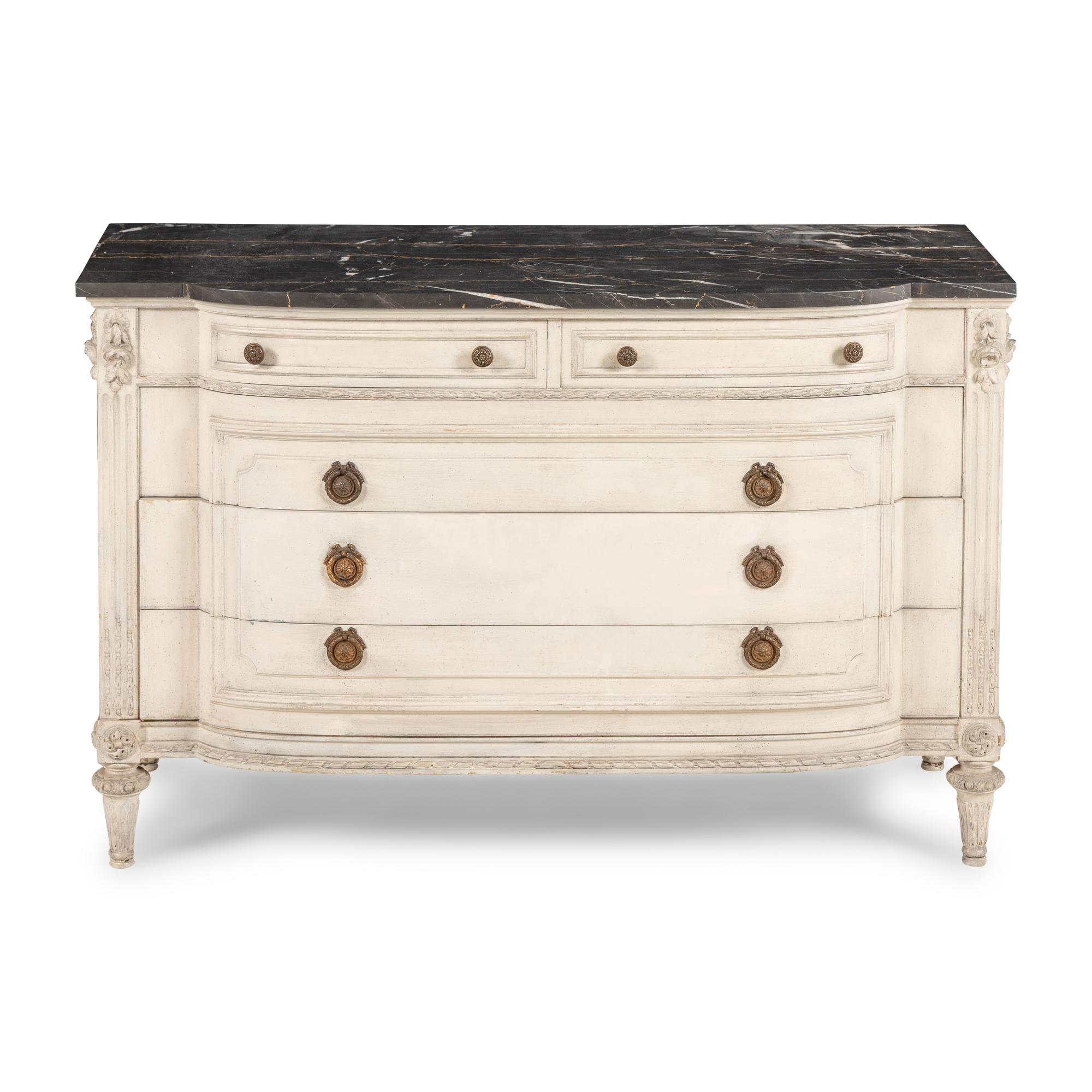 A Louis XVI Style White-Painted Marble-Top Commode