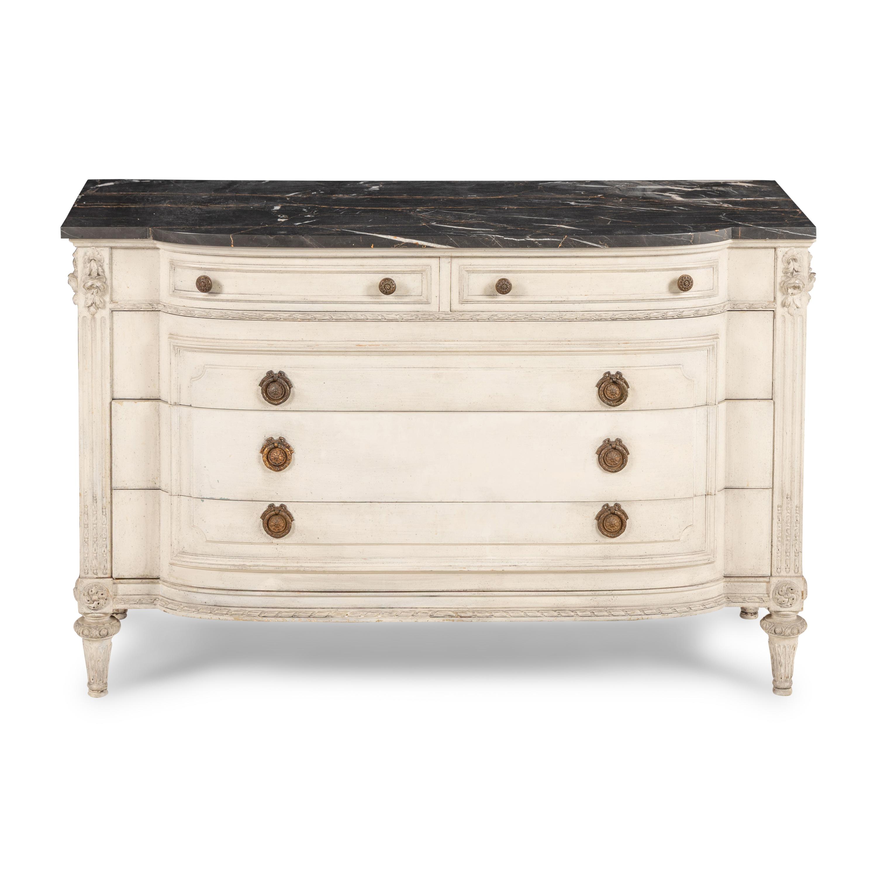A Louis XVI Style White-Painted Marble-Top Commode