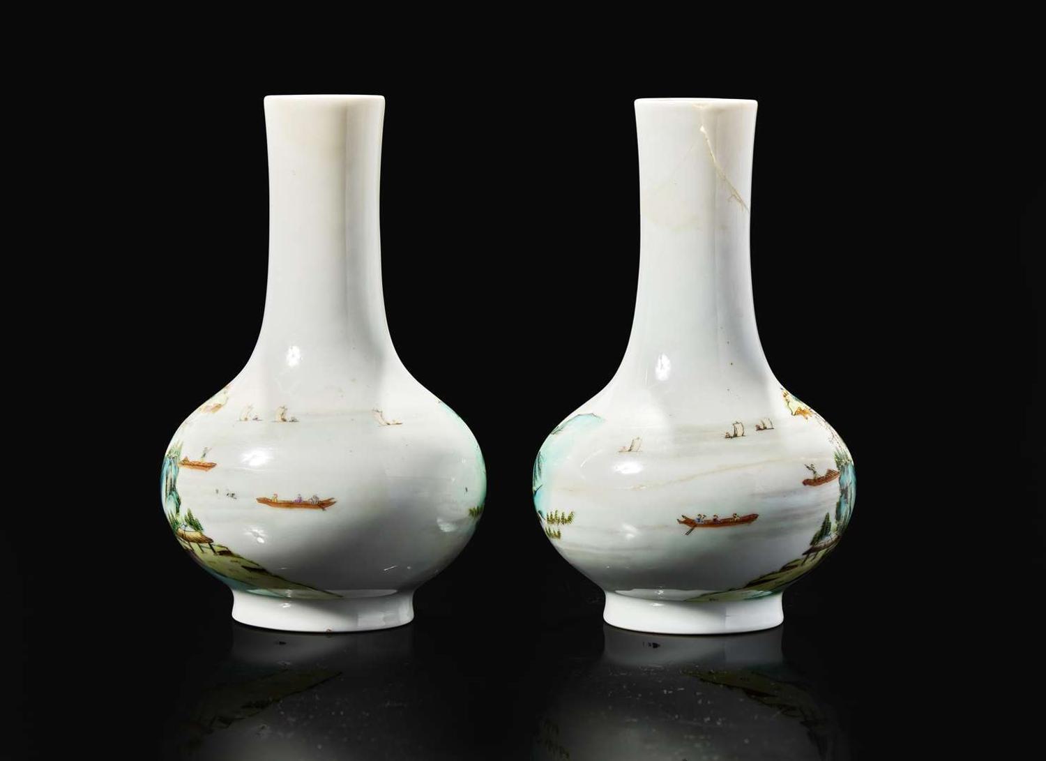 A pair of Chinese famille rose "Landscape" vases, probably Republic period 粉彩山水人物瓶 或民國